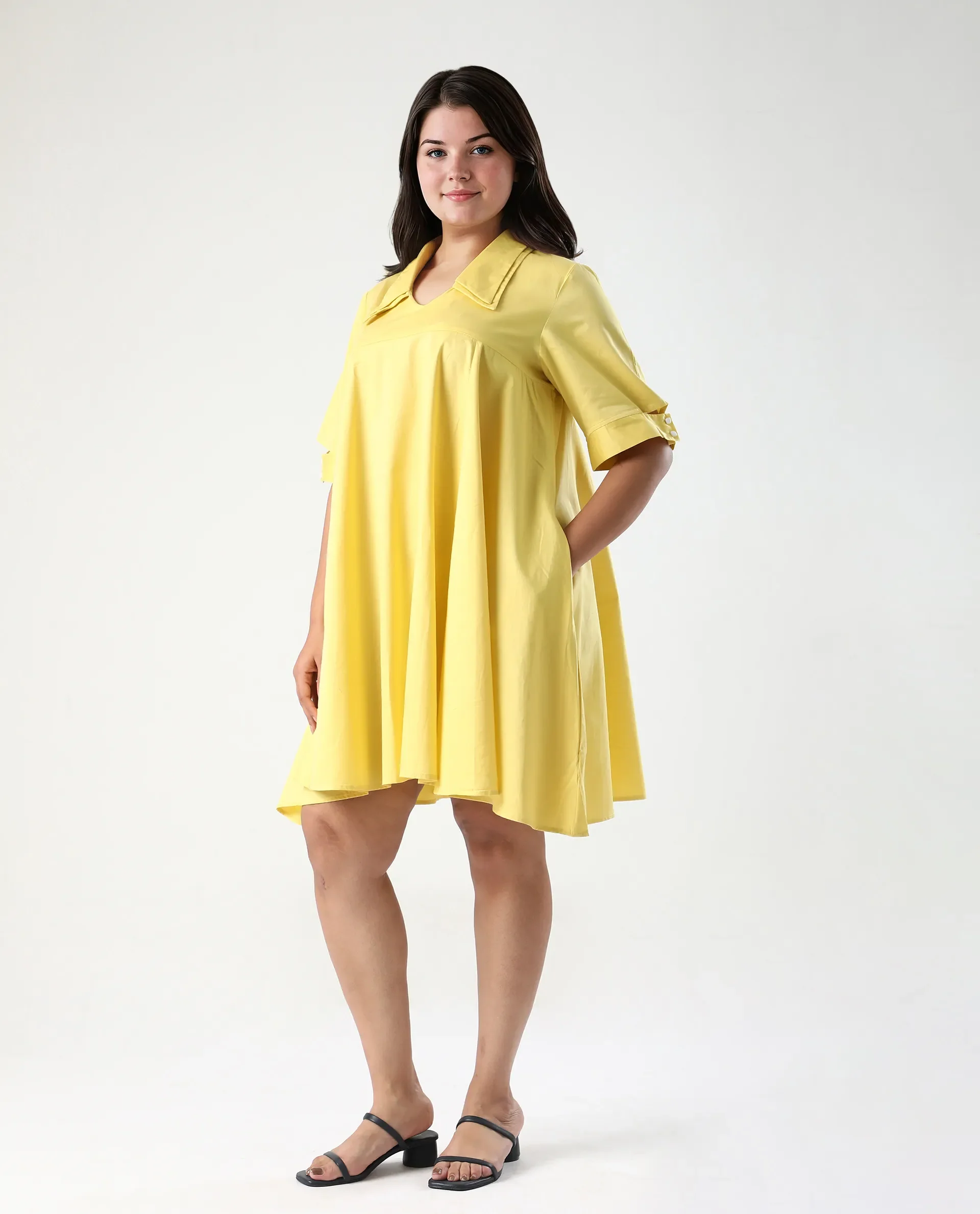 Rareism Women's Qurad Yellow Cotton Blend Johnny Collar Plain Cutout Sleeve Mini Flared Dress - Image 5