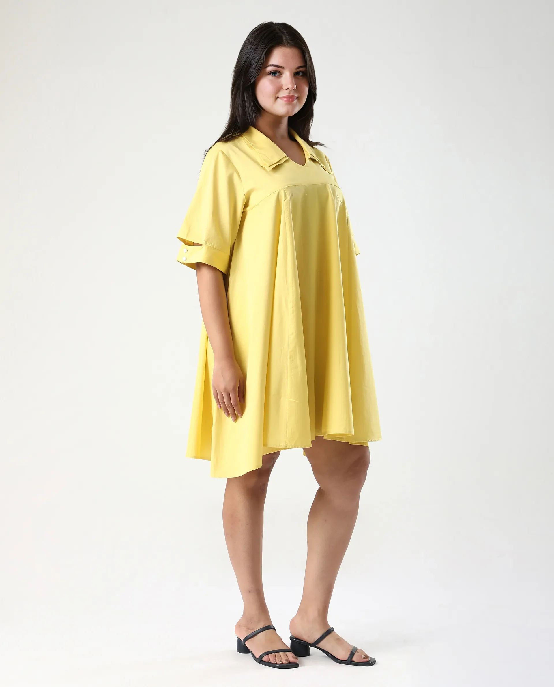 Rareism Women's Qurad Yellow Cotton Blend Johnny Collar Plain Cutout Sleeve Mini Flared Dress - Image 6