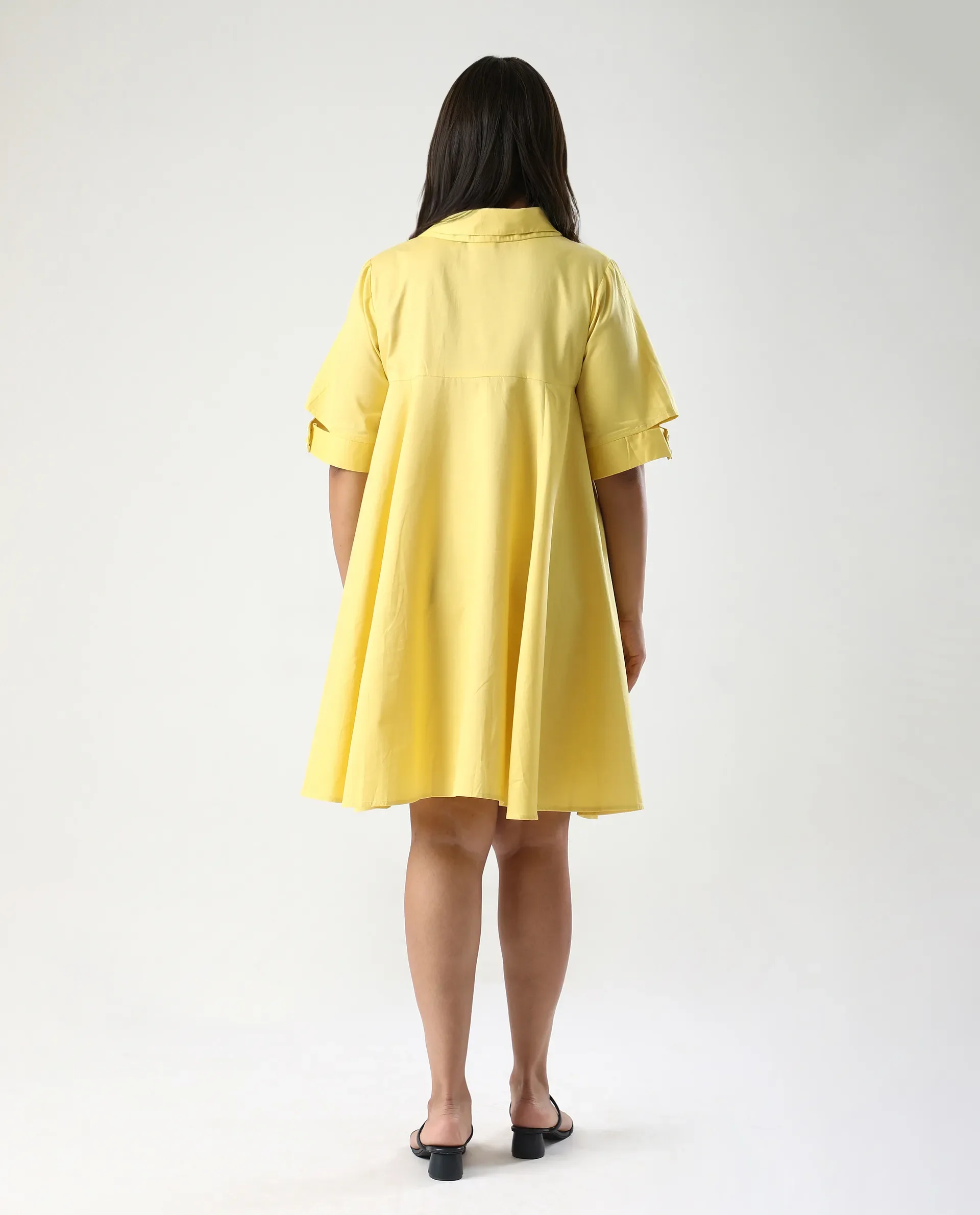 Rareism Women's Qurad Yellow Cotton Blend Johnny Collar Plain Cutout Sleeve Mini Flared Dress - Image 7