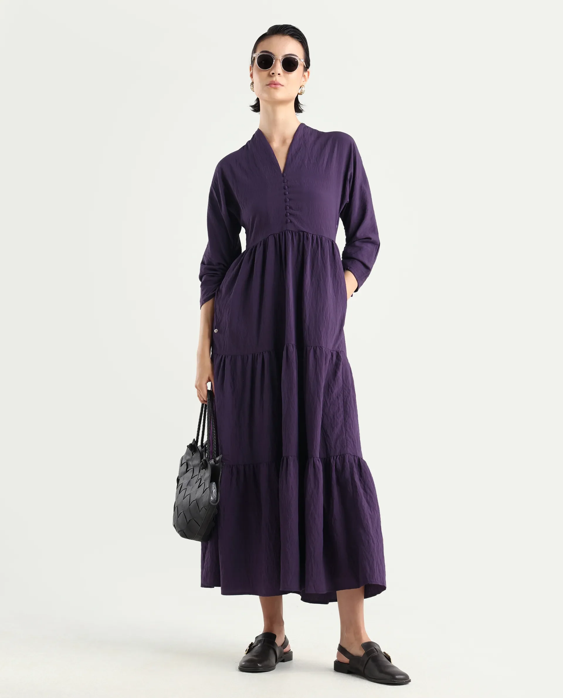 Rareism Women's Quroti Purple Nylon Blend Built-Up Neck Plain Kimono Sleeve Maxi Fit And Flare Dress