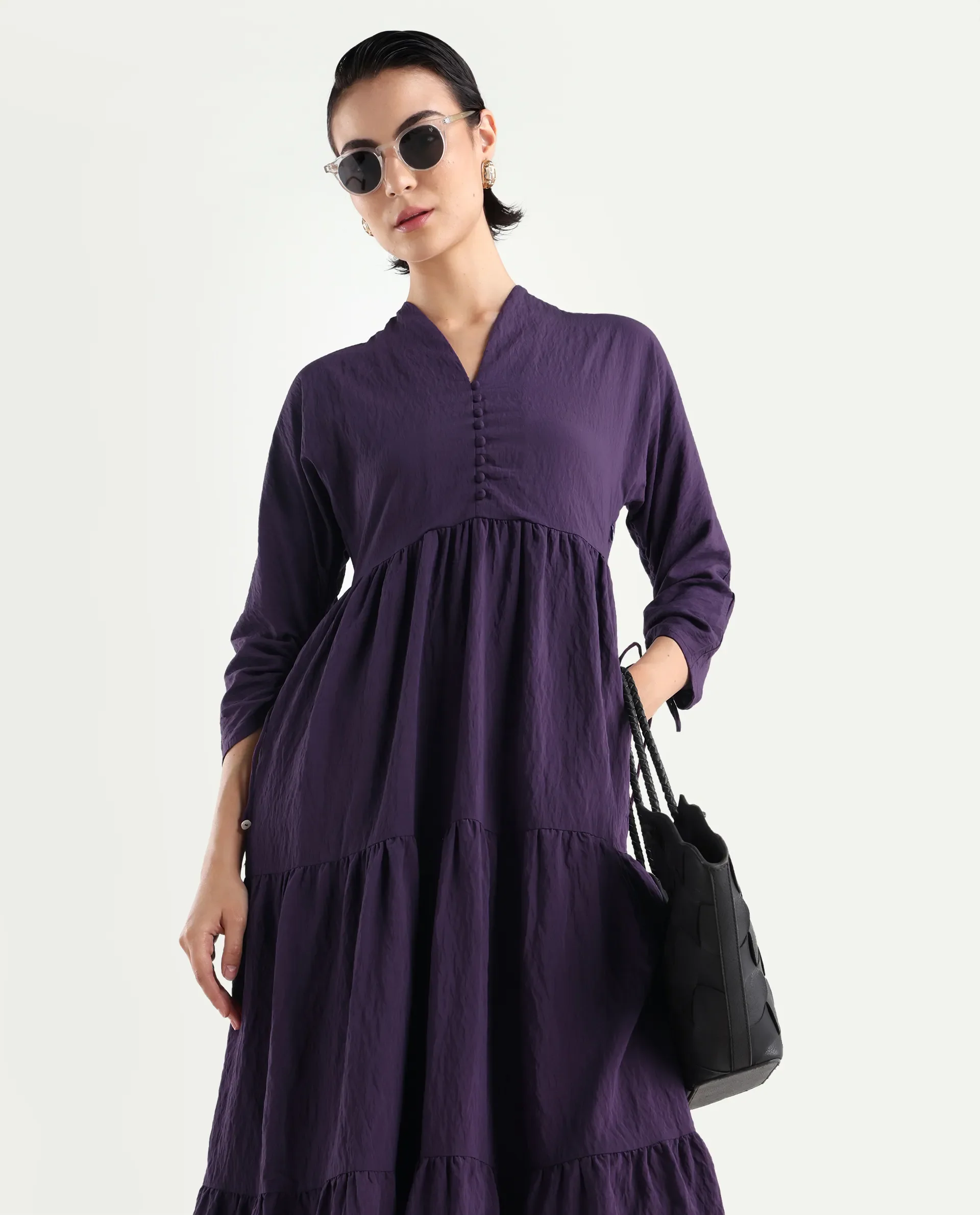 Rareism Women's Quroti Purple Nylon Blend Built-Up Neck Plain Kimono Sleeve Maxi Fit And Flare Dress - Image 2