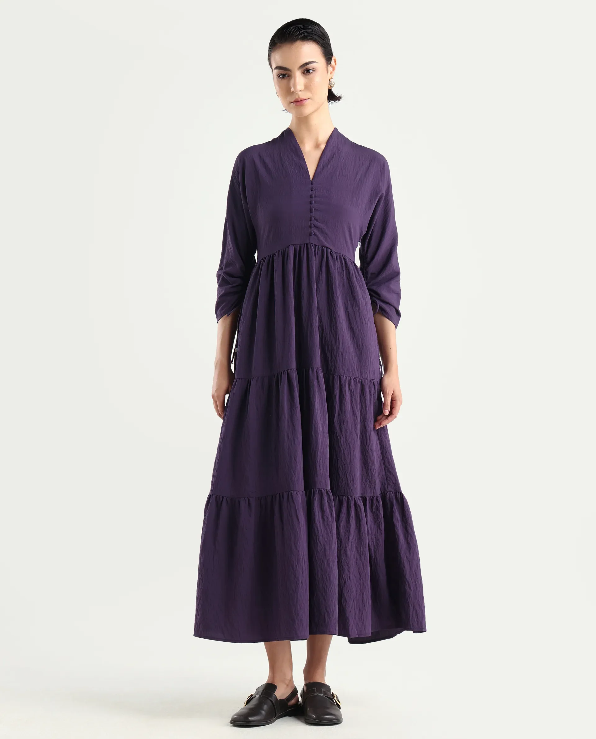 Rareism Women's Quroti Purple Nylon Blend Built-Up Neck Plain Kimono Sleeve Maxi Fit And Flare Dress - Image 3