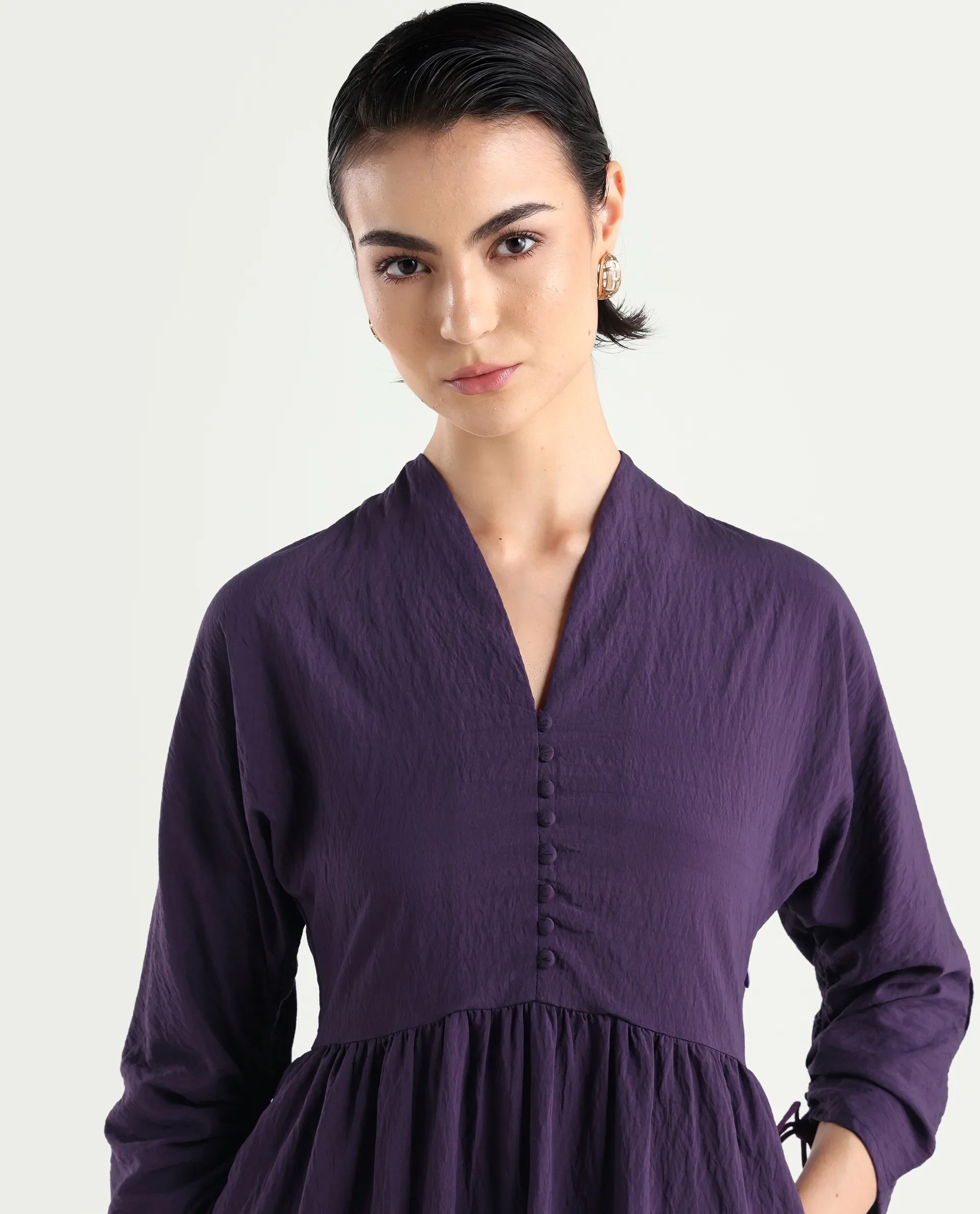 Rareism Women's Quroti Purple Nylon Blend Built-Up Neck Plain Kimono Sleeve Maxi Fit And Flare Dress - Image 4
