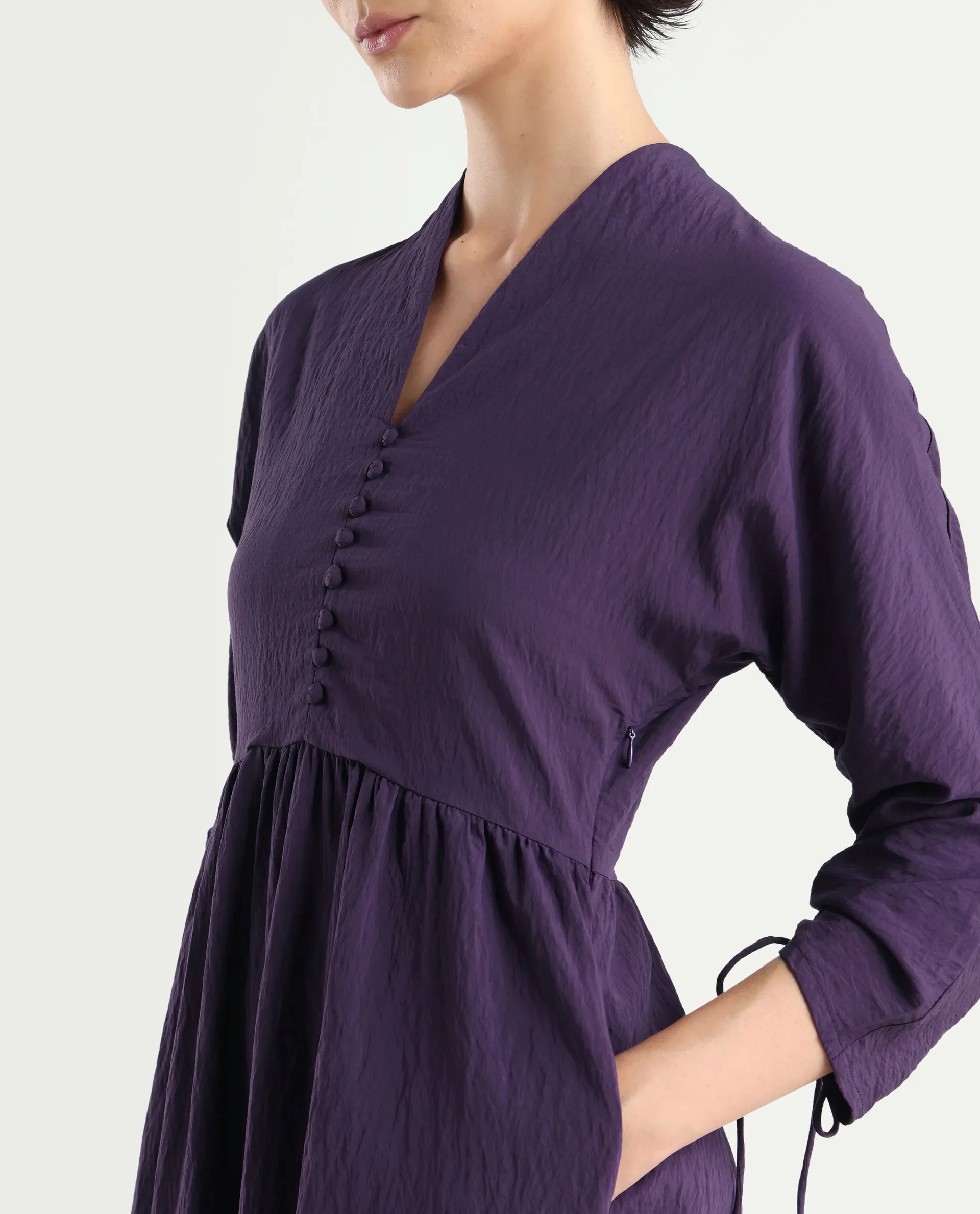 Rareism Women's Quroti Purple Nylon Blend Built-Up Neck Plain Kimono Sleeve Maxi Fit And Flare Dress - Image 5