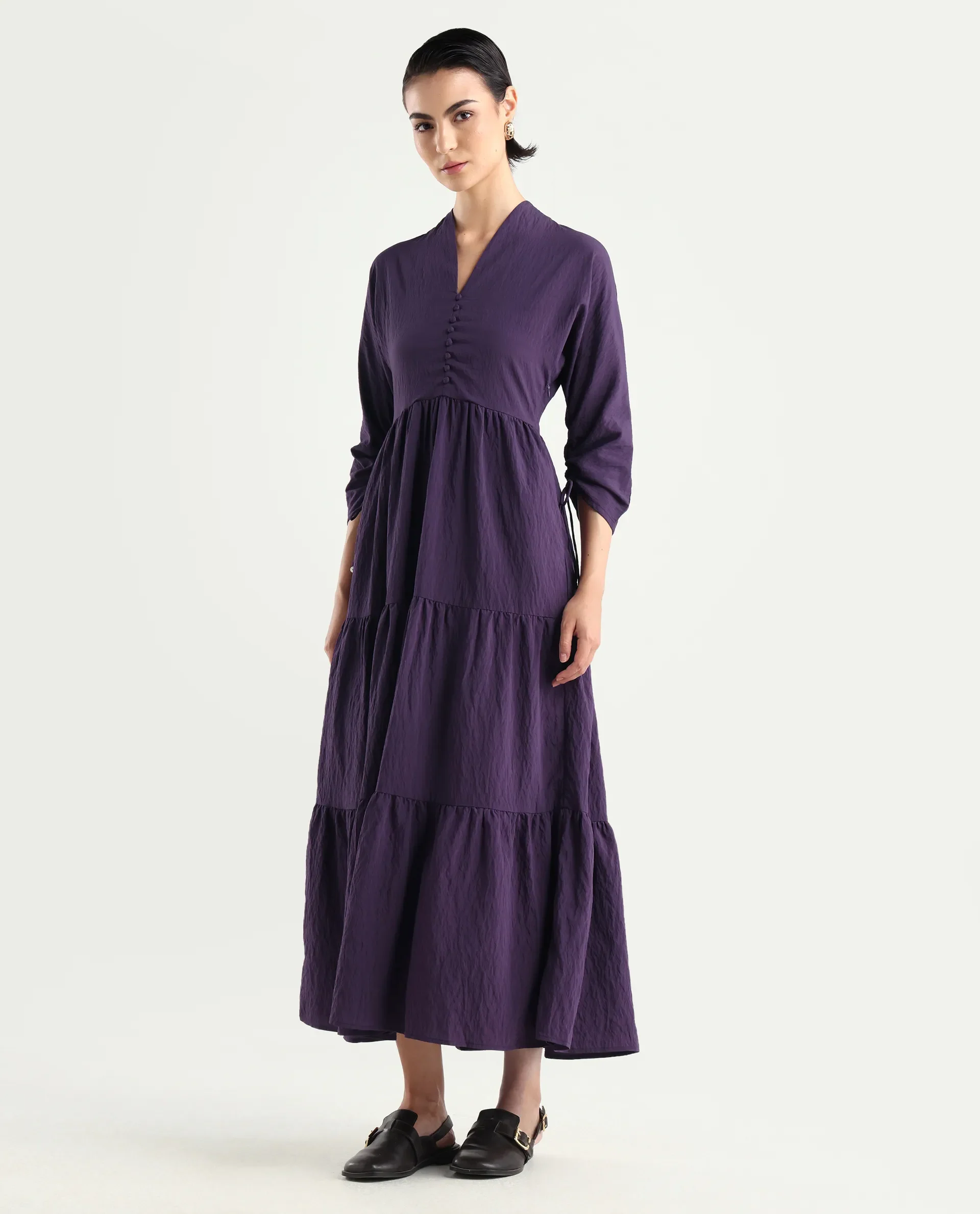 Rareism Women's Quroti Purple Nylon Blend Built-Up Neck Plain Kimono Sleeve Maxi Fit And Flare Dress - Image 6