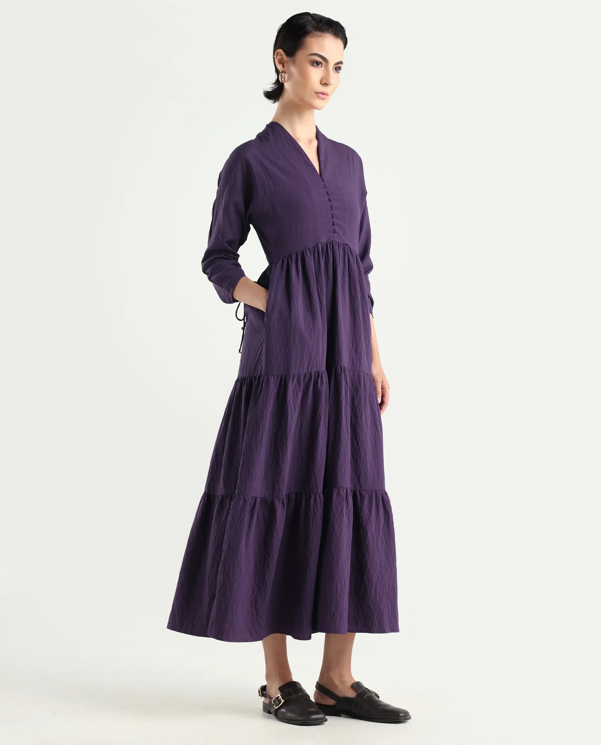 Rareism Women's Quroti Purple Nylon Blend Built-Up Neck Plain Kimono Sleeve Maxi Fit And Flare Dress - Image 7