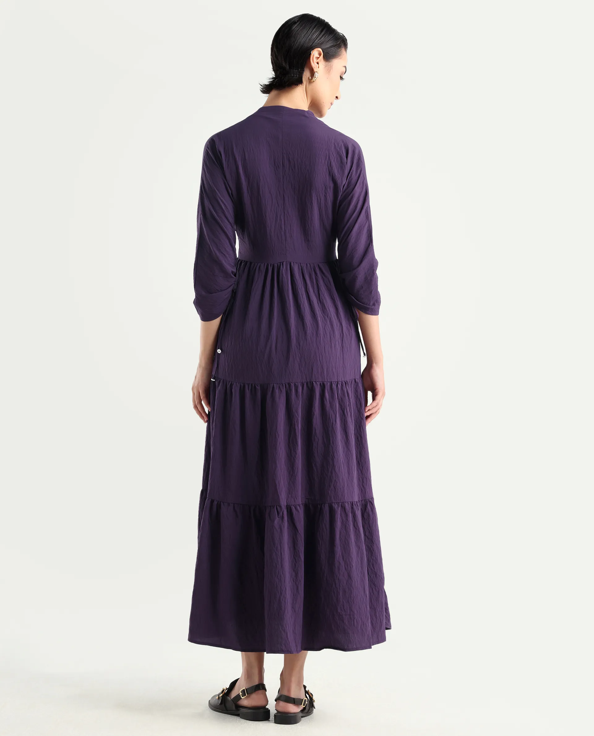 Rareism Women's Quroti Purple Nylon Blend Built-Up Neck Plain Kimono Sleeve Maxi Fit And Flare Dress - Image 8