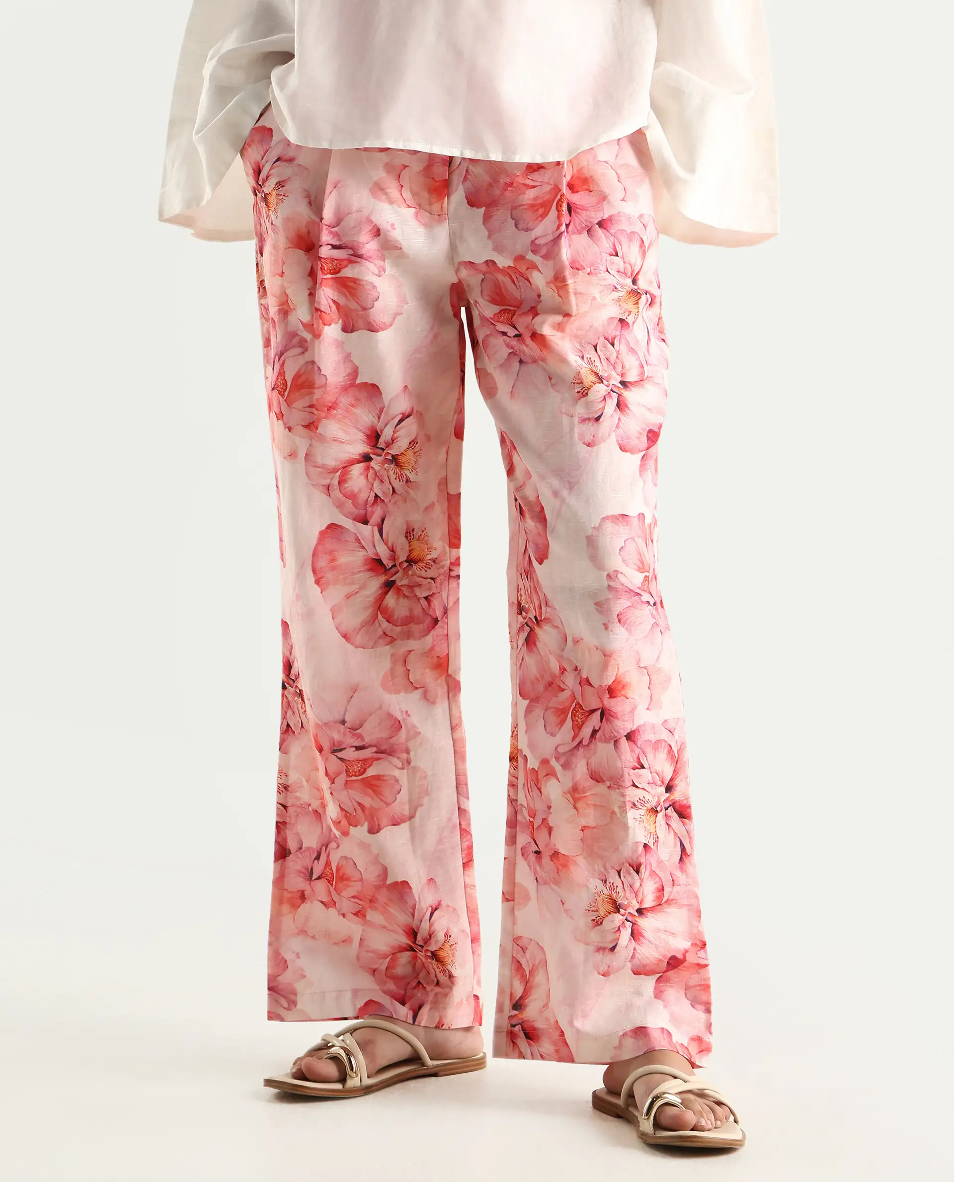 Rareism Women's Quzal Pink Cotton Blend Floral Print Ankle Length Straight Fit Trouser - Image 2