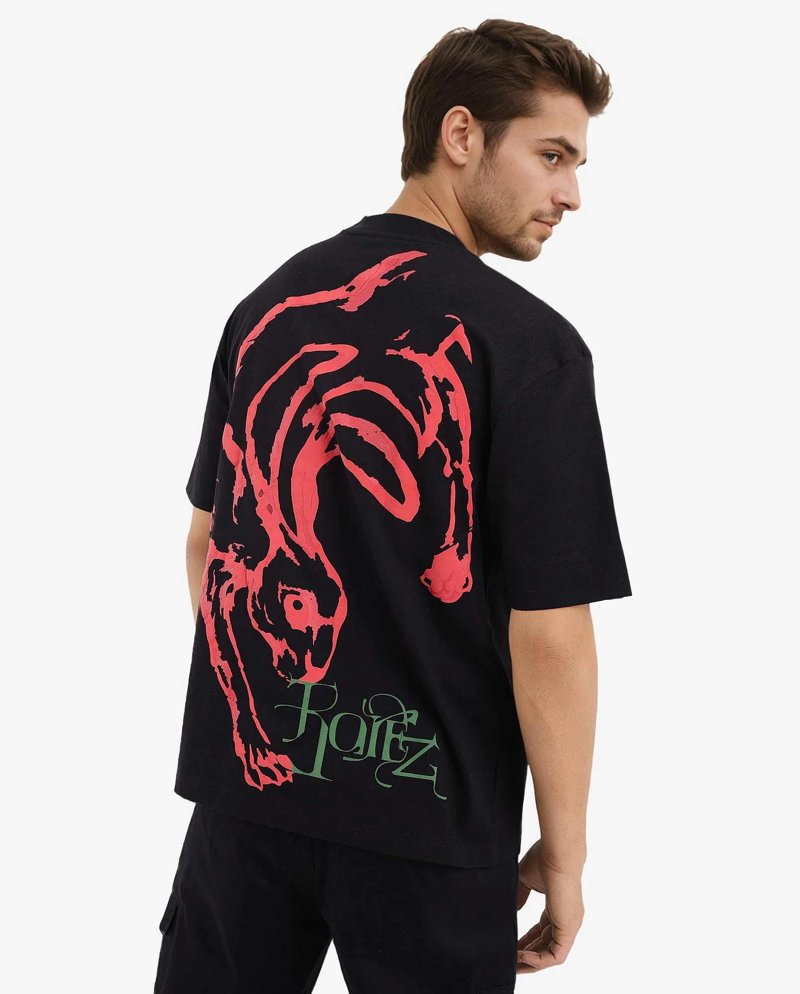 Rare Rabbit Men's Rabb Black Cotton Graphic Print Oversized Fit Half Sleeve Crew Neck T-Shirt - Image 10