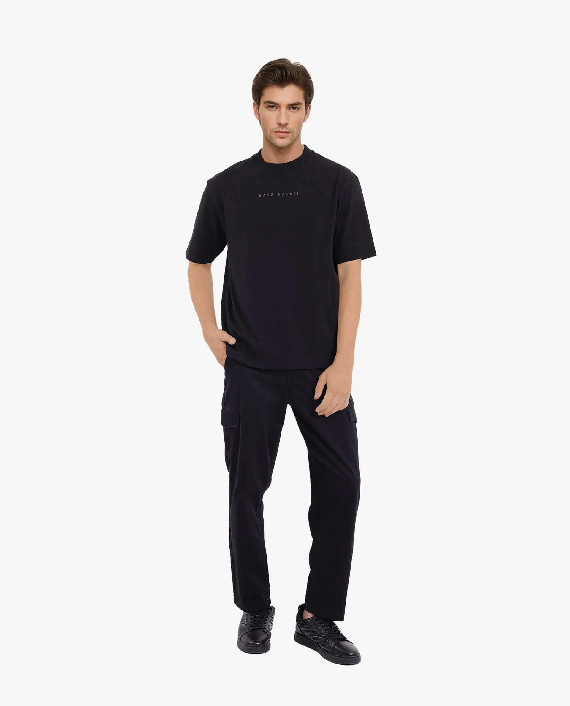 Rare Rabbit Men's Rabb Black Cotton Graphic Print Oversized Fit Half Sleeve Crew Neck T-Shirt - Image 2