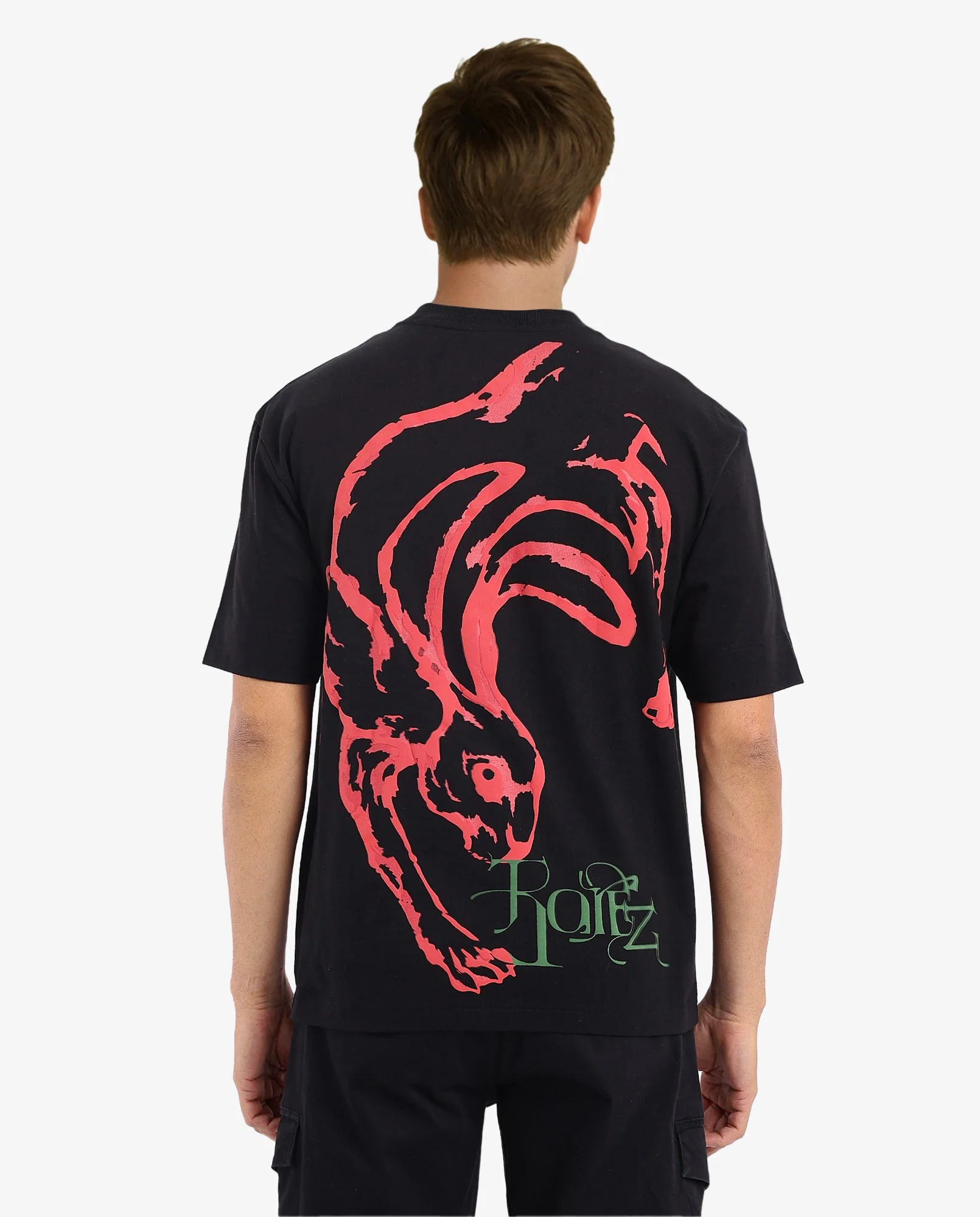 Rare Rabbit Men's Rabb Black Cotton Graphic Print Oversized Fit Half Sleeve Crew Neck T-Shirt - Image 3