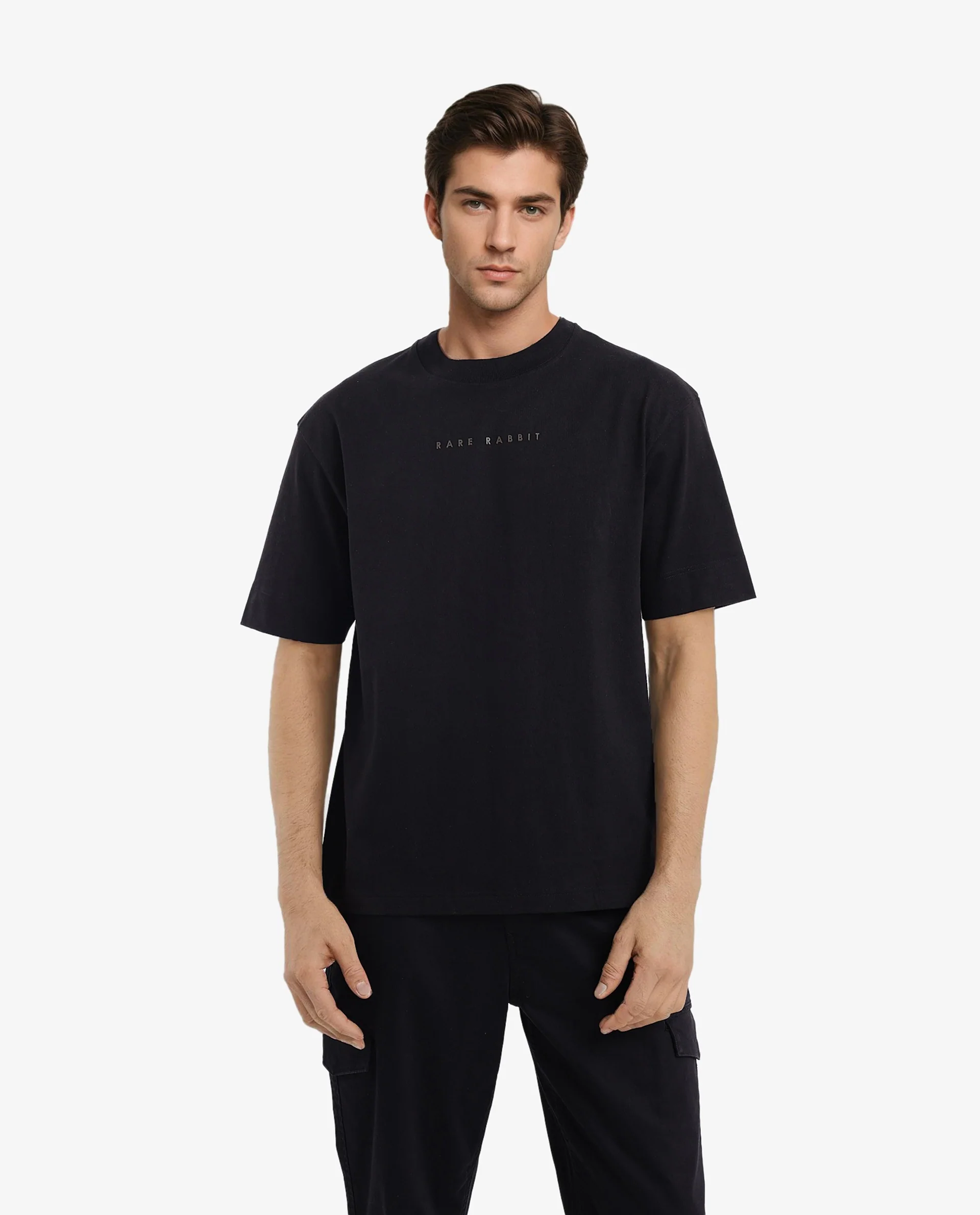 Rare Rabbit Men's Rabb Black Cotton Graphic Print Oversized Fit Half Sleeve Crew Neck T-Shirt - Image 5