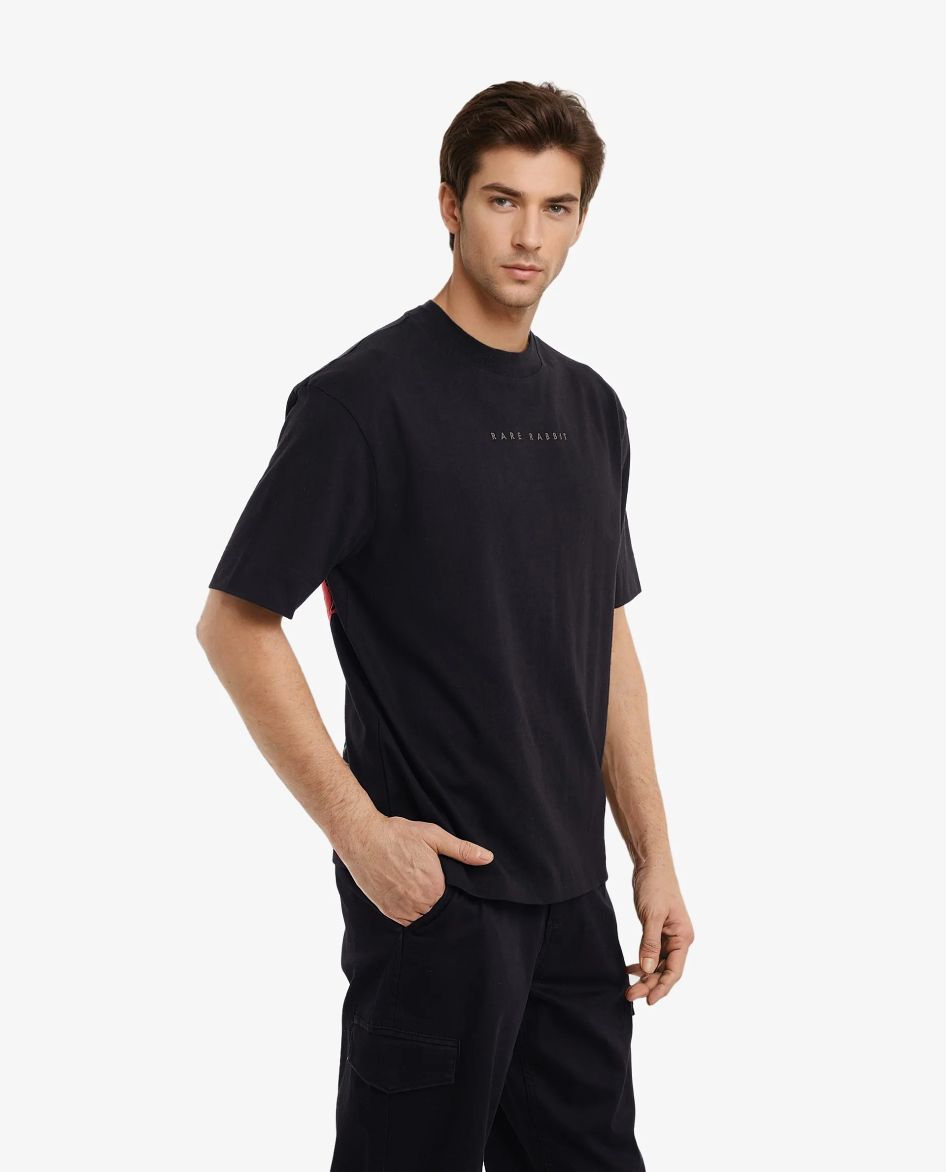 Rare Rabbit Men's Rabb Black Cotton Graphic Print Oversized Fit Half Sleeve Crew Neck T-Shirt - Image 7
