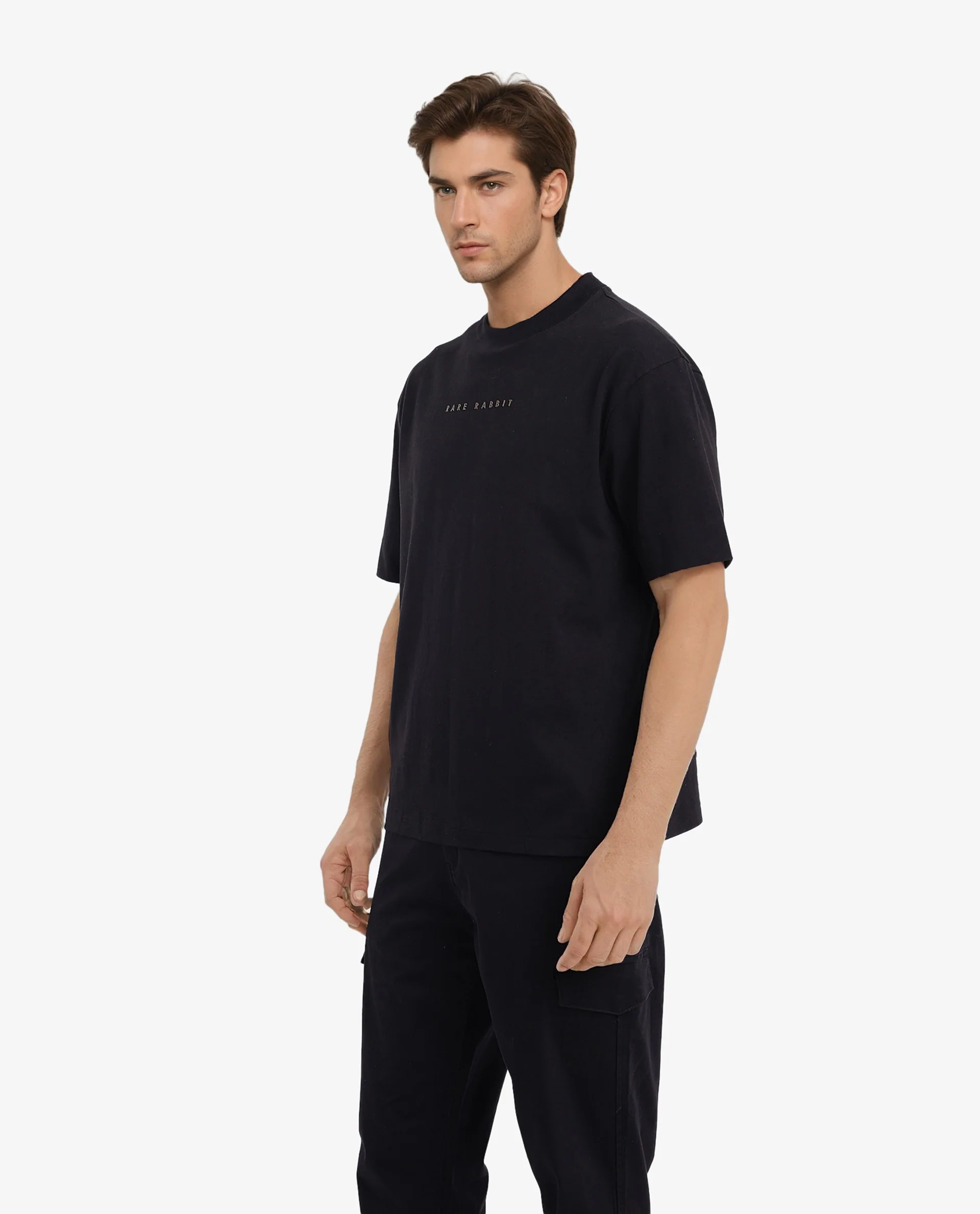 Rare Rabbit Men's Rabb Black Cotton Graphic Print Oversized Fit Half Sleeve Crew Neck T-Shirt - Image 9