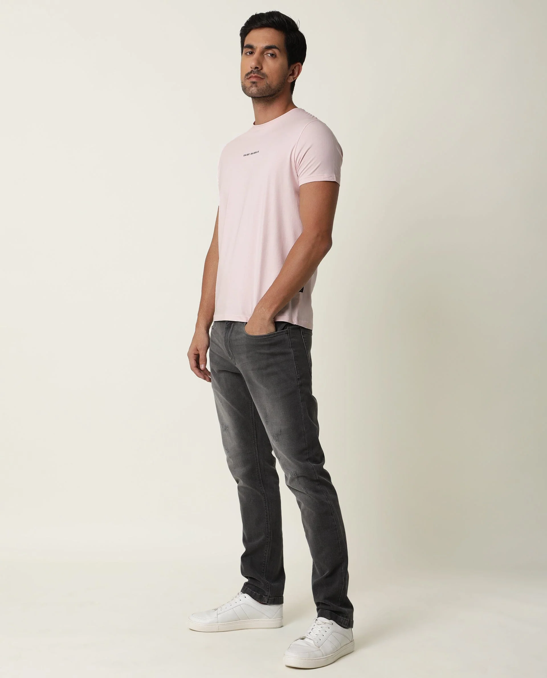 Rare Rabbit Men's Rabbi Light Pink Cotton Plain Slim Fit Half Sleeve Crew Neck T-Shirt - Image 2