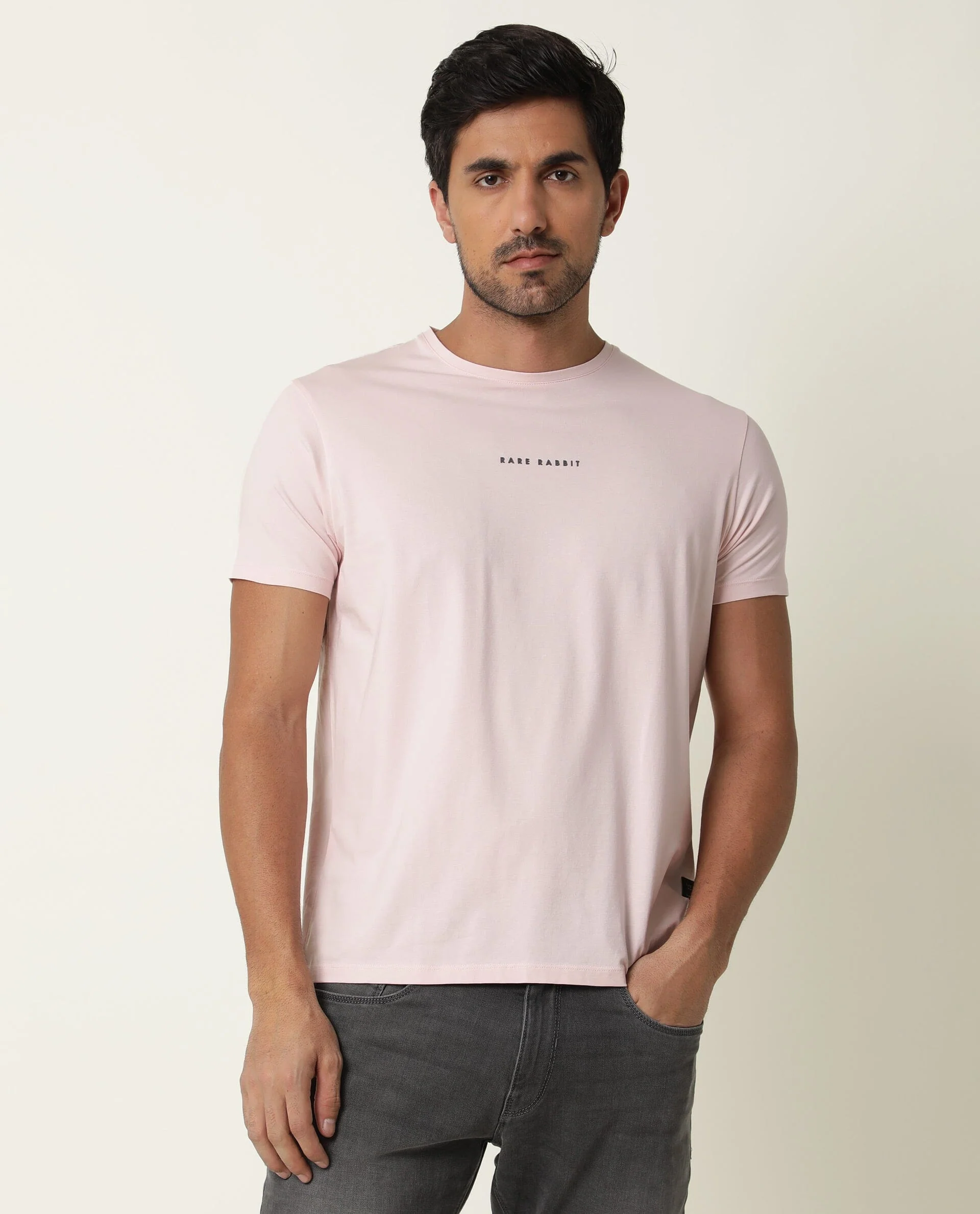 Rare Rabbit Men's Rabbi Light Pink Cotton Plain Slim Fit Half Sleeve Crew Neck T-Shirt - Image 3