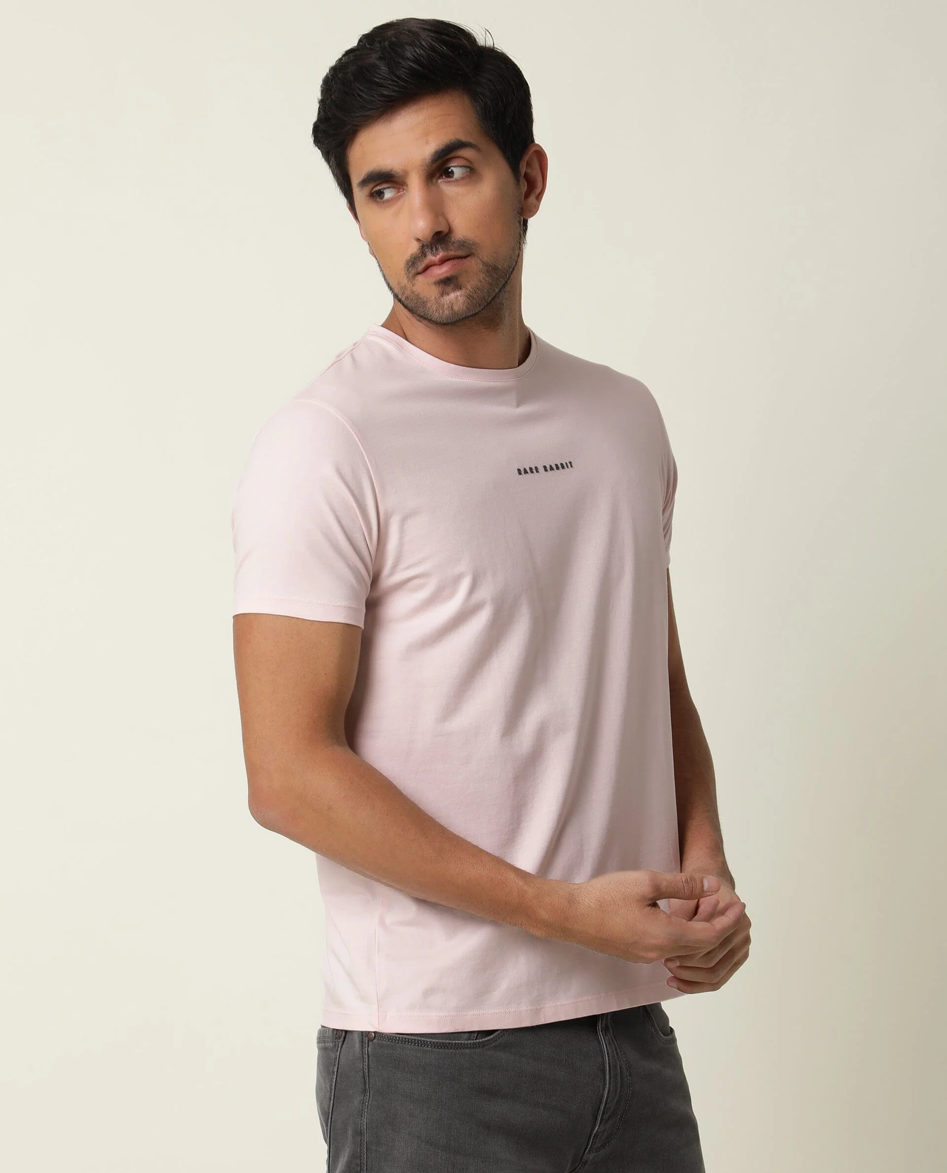 Rare Rabbit Men's Rabbi Light Pink Cotton Plain Slim Fit Half Sleeve Crew Neck T-Shirt - Image 4