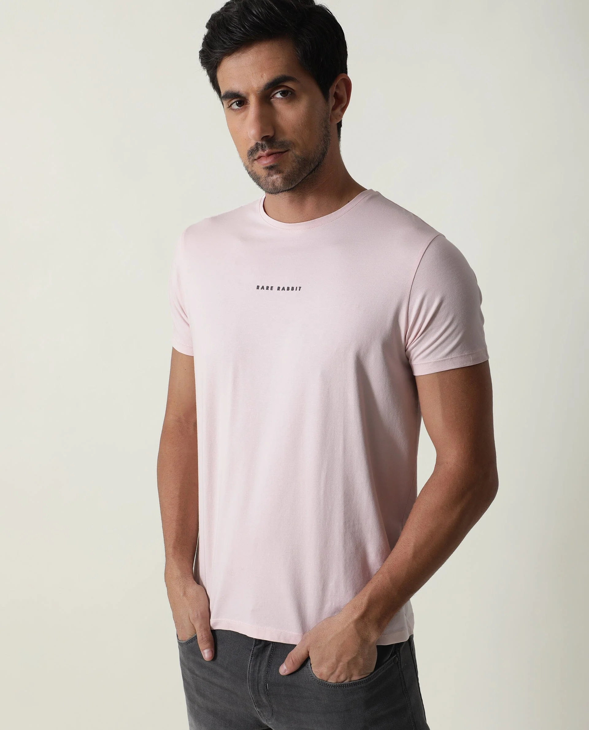 Rare Rabbit Men's Rabbi Light Pink Cotton Plain Slim Fit Half Sleeve Crew Neck T-Shirt - Image 5