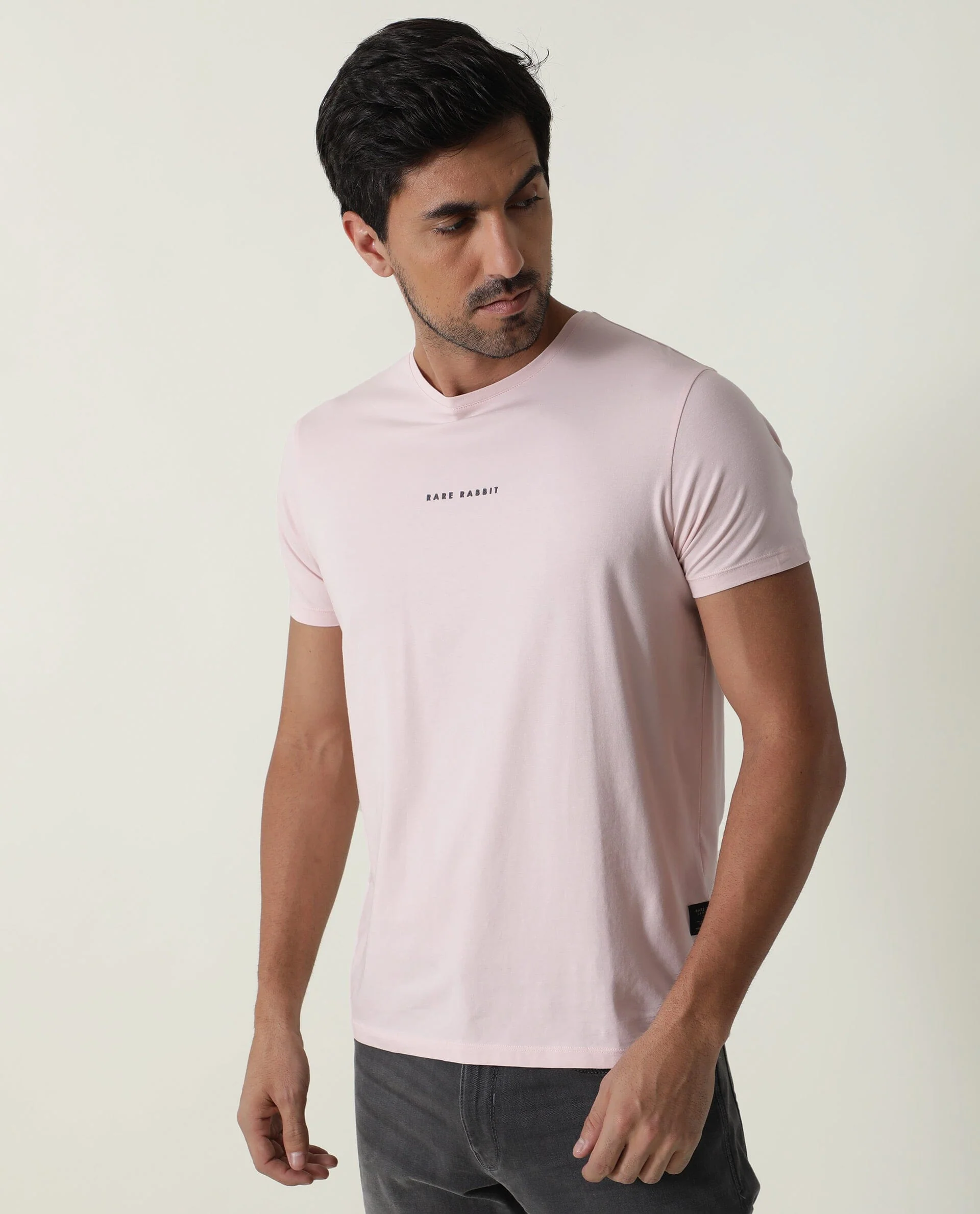 Rare Rabbit Men's Rabbi Light Pink Cotton Plain Slim Fit Half Sleeve Crew Neck T-Shirt - Image 6