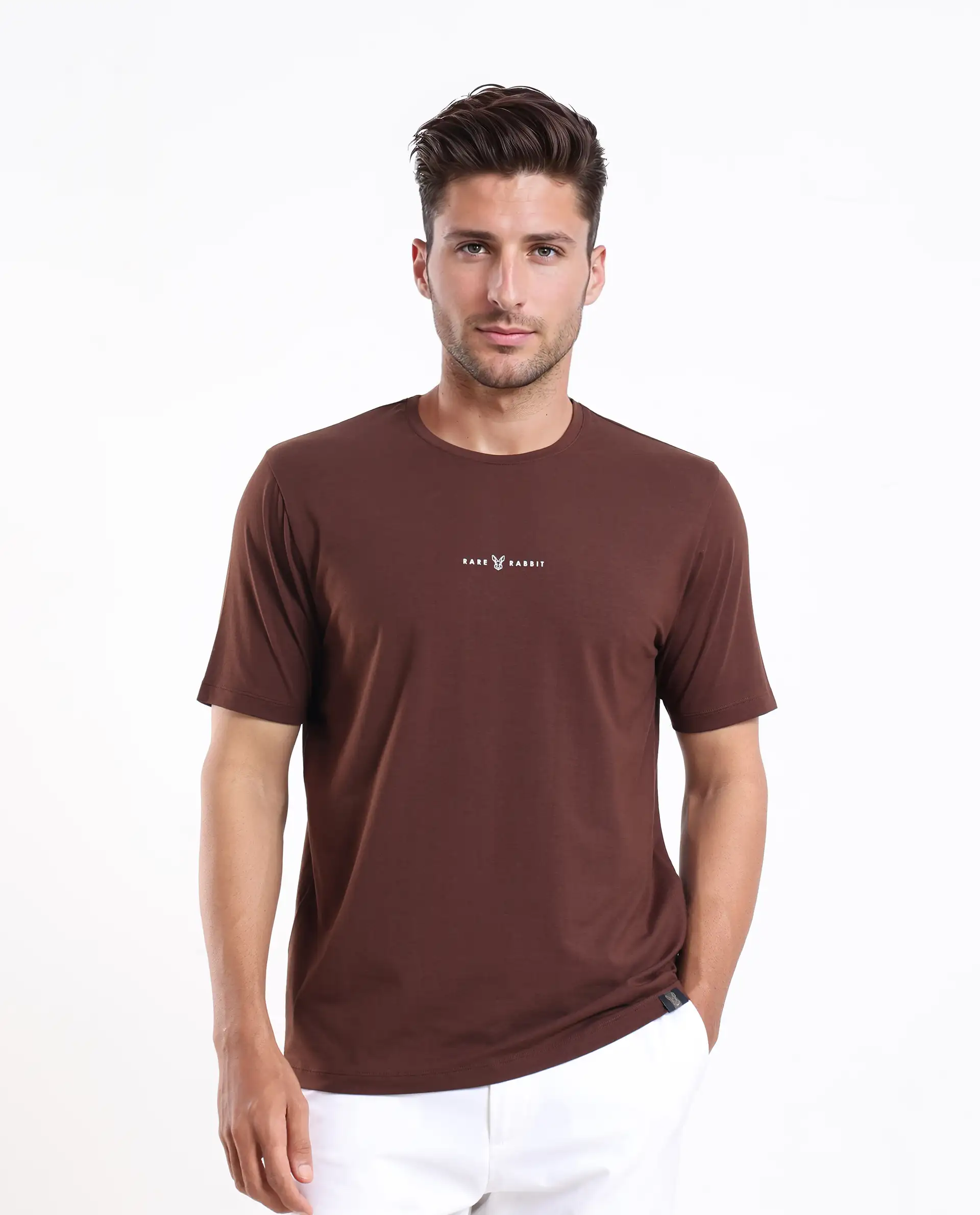 Rare Rabbit Men's Rabbit-25 Dark Brown Cotton Blend Graphic Print Regular Fit Half Sleeve Crew Neck T-Shirt - Image 4