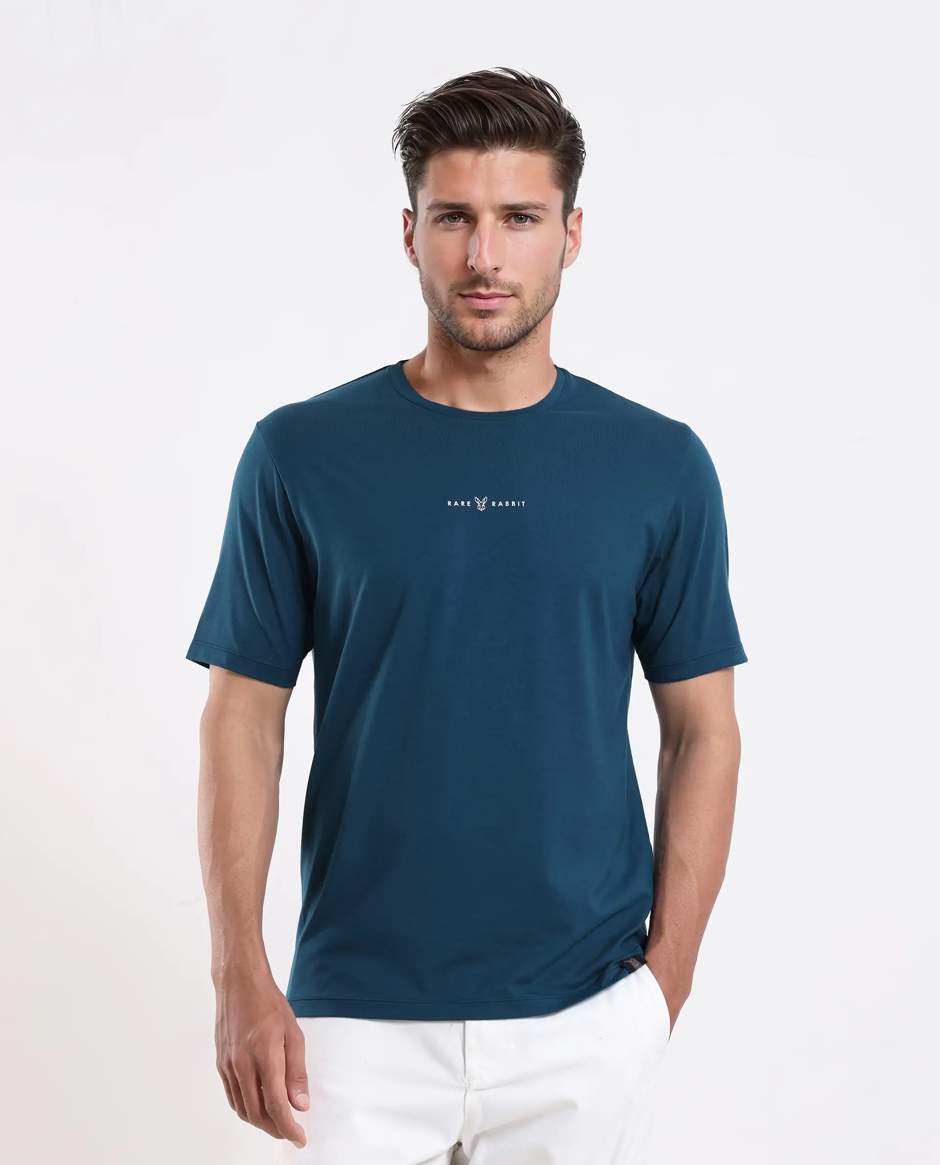 Rare Rabbit Men's Rabbit-25 Teal Cotton Blend Graphic Print Regular Fit Half Sleeve Crew Neck T-Shirt - Image 3