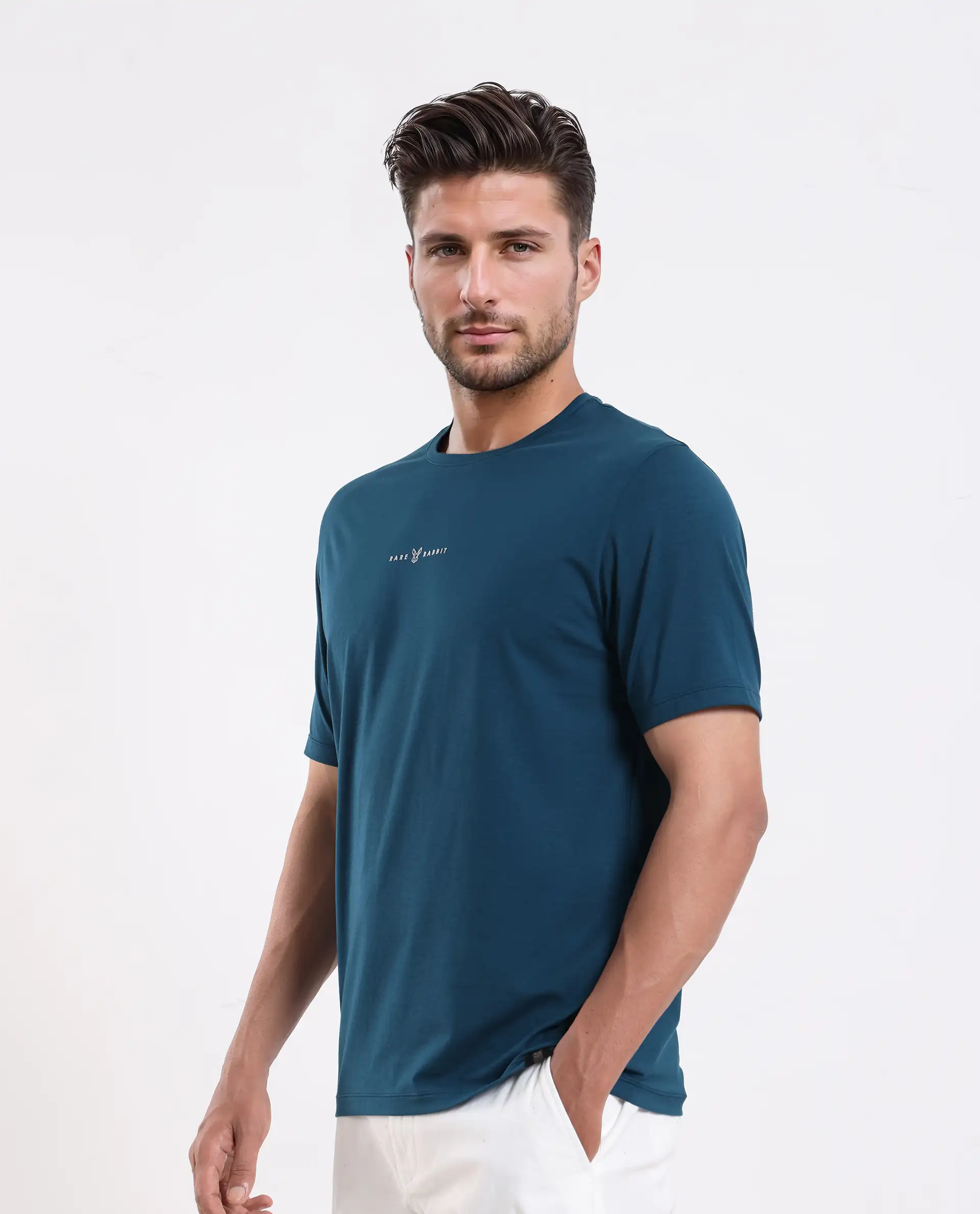 Rare Rabbit Men's Rabbit-25 Teal Cotton Blend Graphic Print Regular Fit Half Sleeve Crew Neck T-Shirt - Image 4