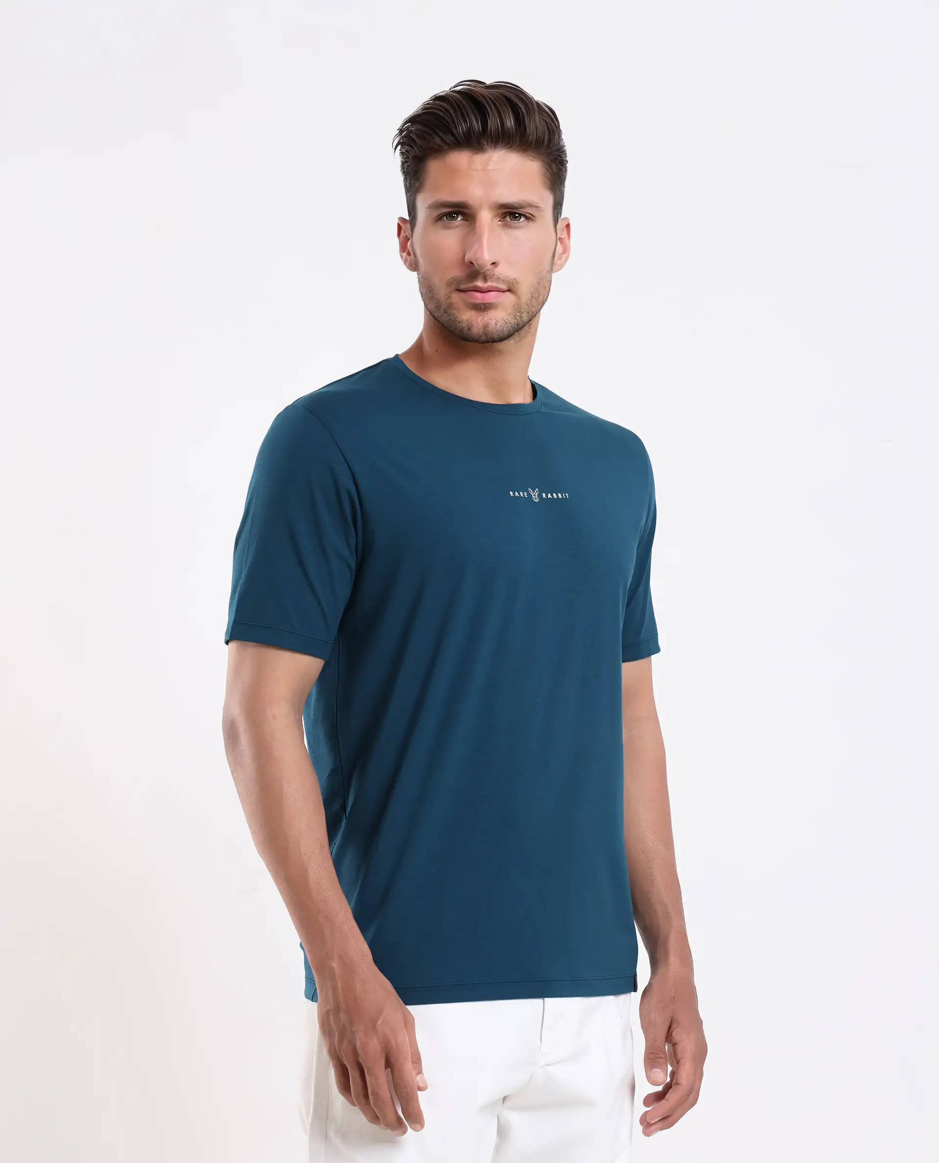 Rare Rabbit Men's Rabbit-25 Teal Cotton Blend Graphic Print Regular Fit Half Sleeve Crew Neck T-Shirt - Image 5