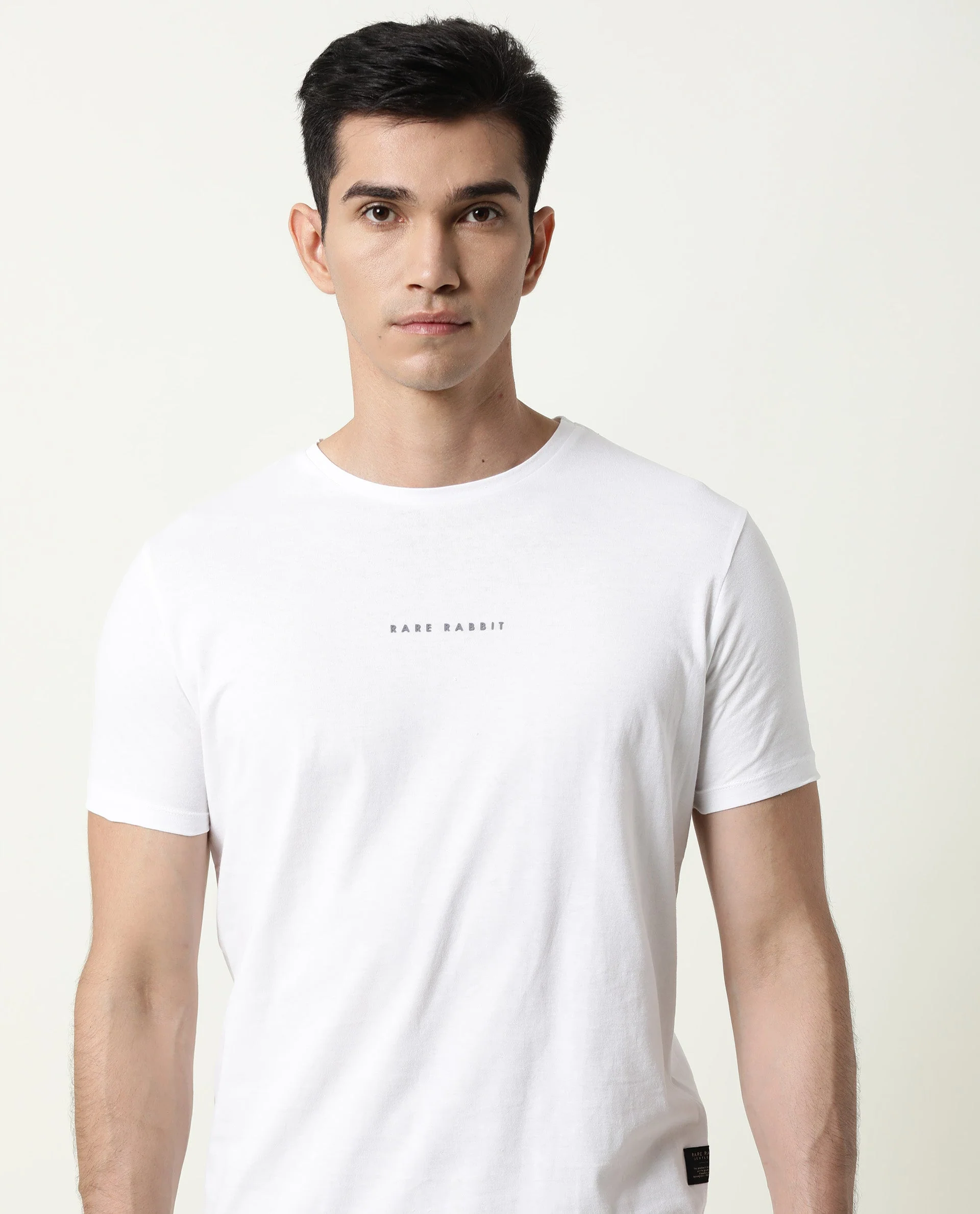 Rare Rabbit Men's Rabbit 3 White Cotton Regular Fit Half Sleeve Crew Neck T-Shirt - Image 3