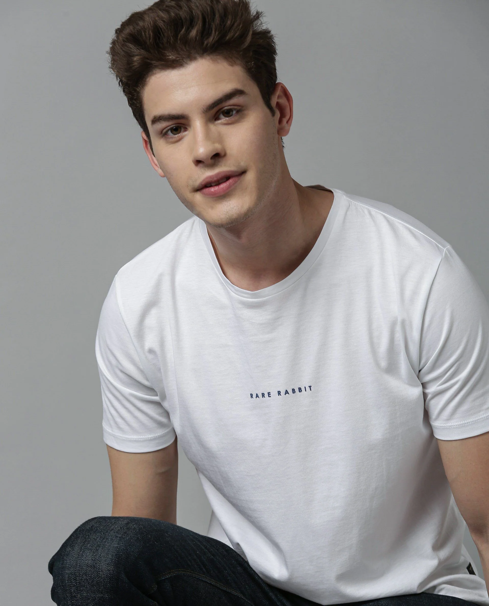 Rare Rabbit Men's Rabbit 3 White Cotton Regular Fit Half Sleeve Crew Neck T-Shirt - Image 5