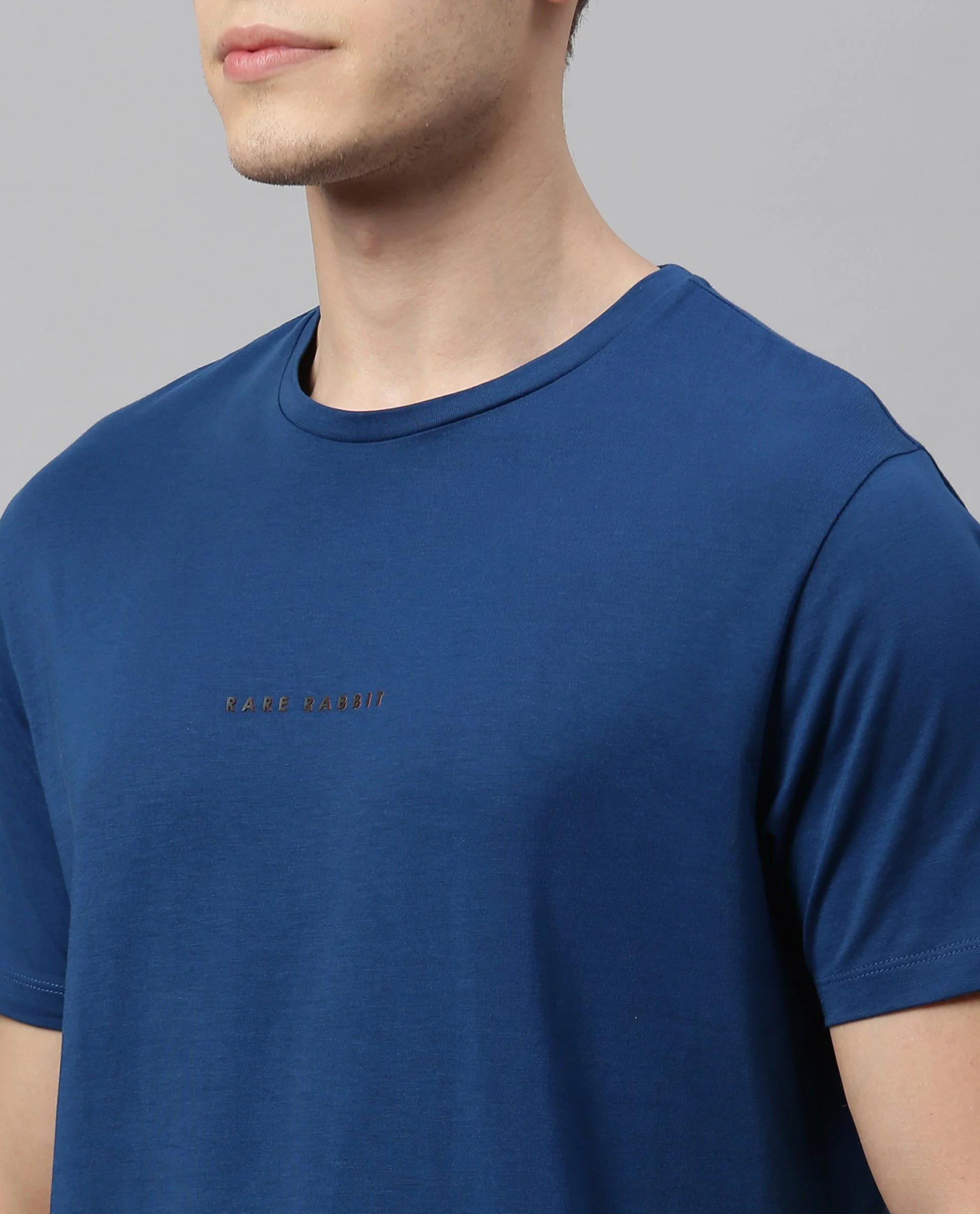 Rare Rabbit Men's Rabbit-4 Blue Cotton Plain Slim Fit Half Sleeve Crew Neck T-Shirt - Image 2