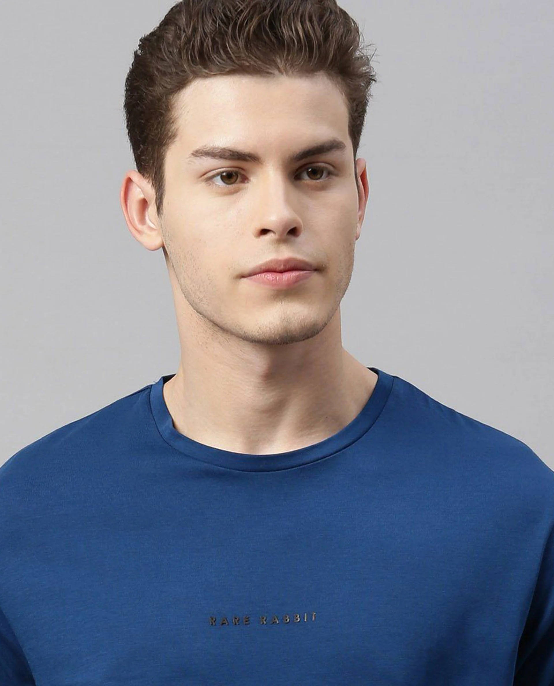 Rare Rabbit Men's Rabbit-4 Blue Cotton Plain Slim Fit Half Sleeve Crew Neck T-Shirt - Image 3