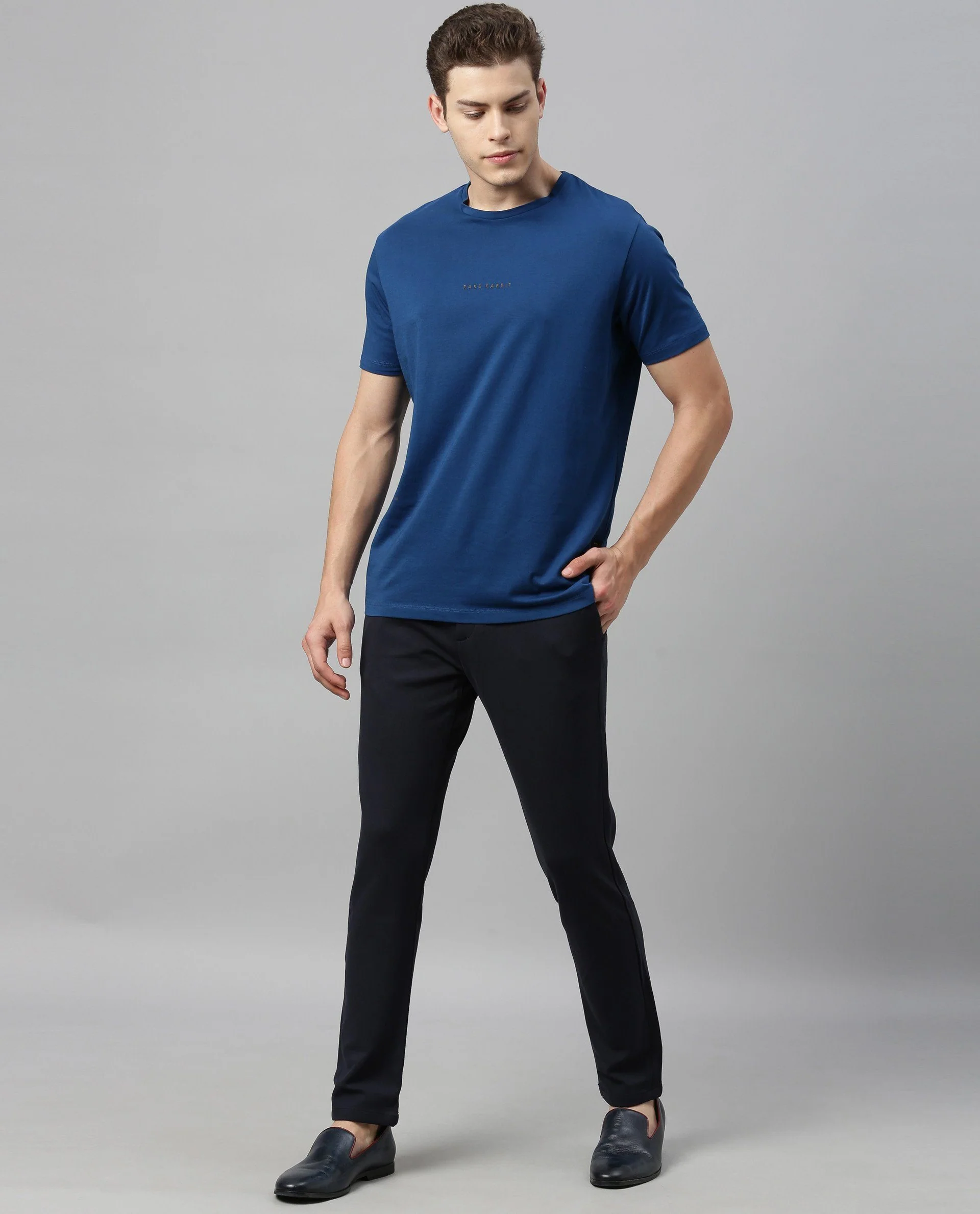 Rare Rabbit Men's Rabbit-4 Blue Cotton Plain Slim Fit Half Sleeve Crew Neck T-Shirt - Image 4