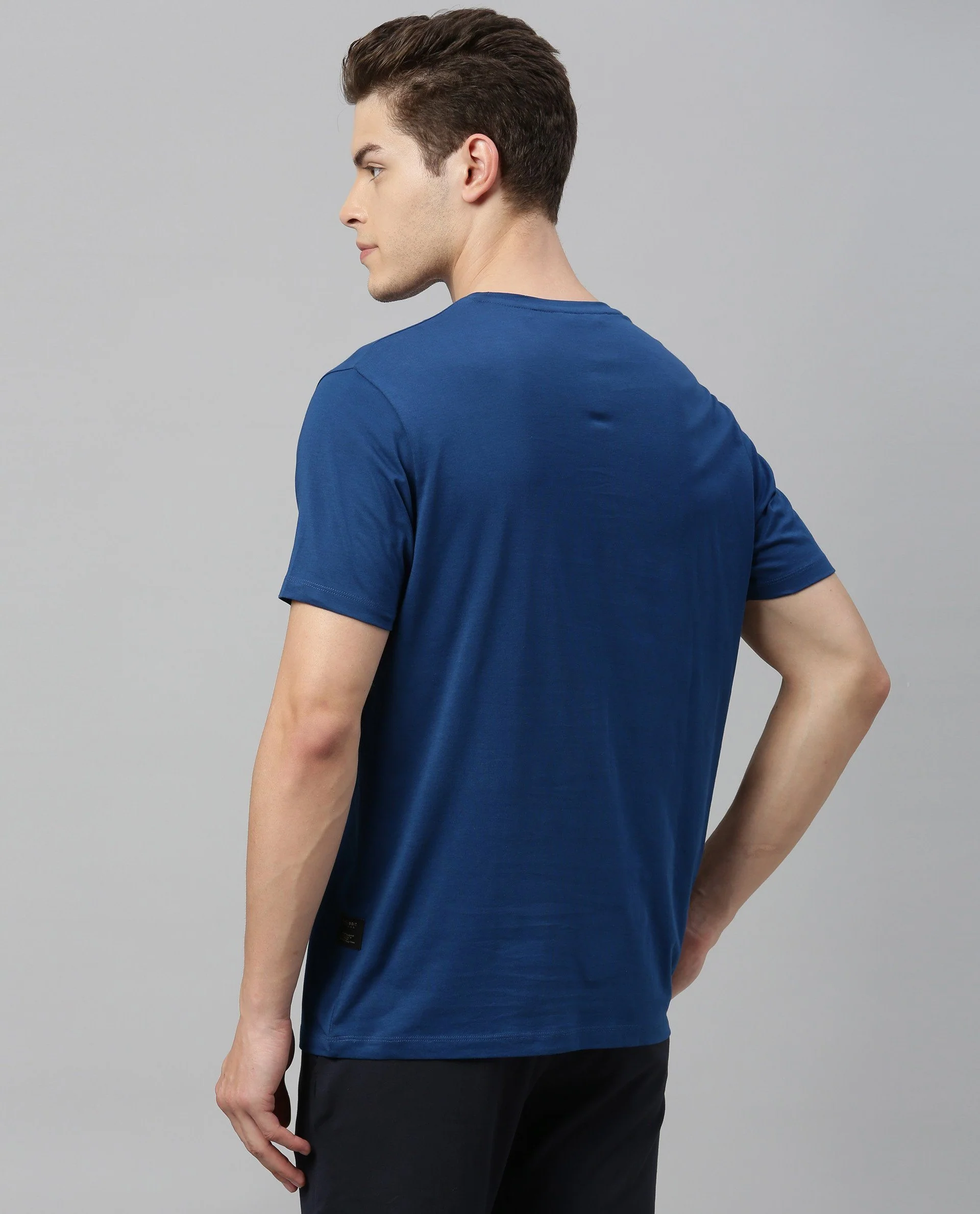 Rare Rabbit Men's Rabbit-4 Blue Cotton Plain Slim Fit Half Sleeve Crew Neck T-Shirt - Image 5