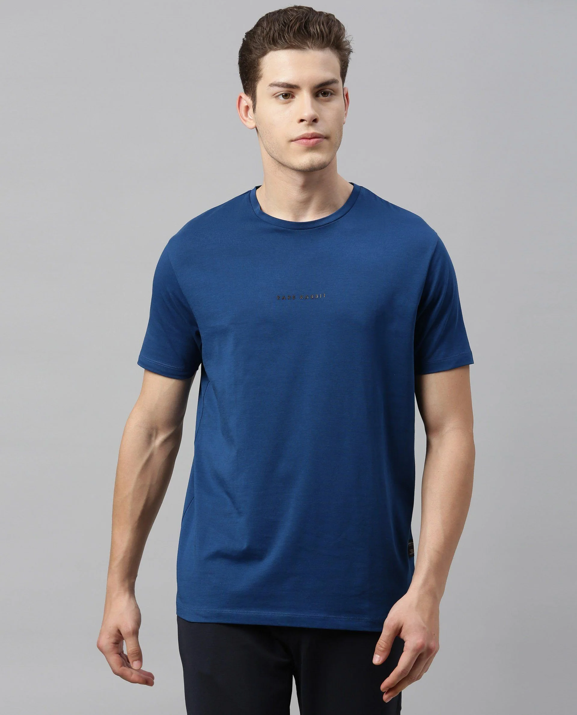 Rare Rabbit Men's Rabbit-4 Blue Cotton Plain Slim Fit Half Sleeve Crew Neck T-Shirt - Image 6