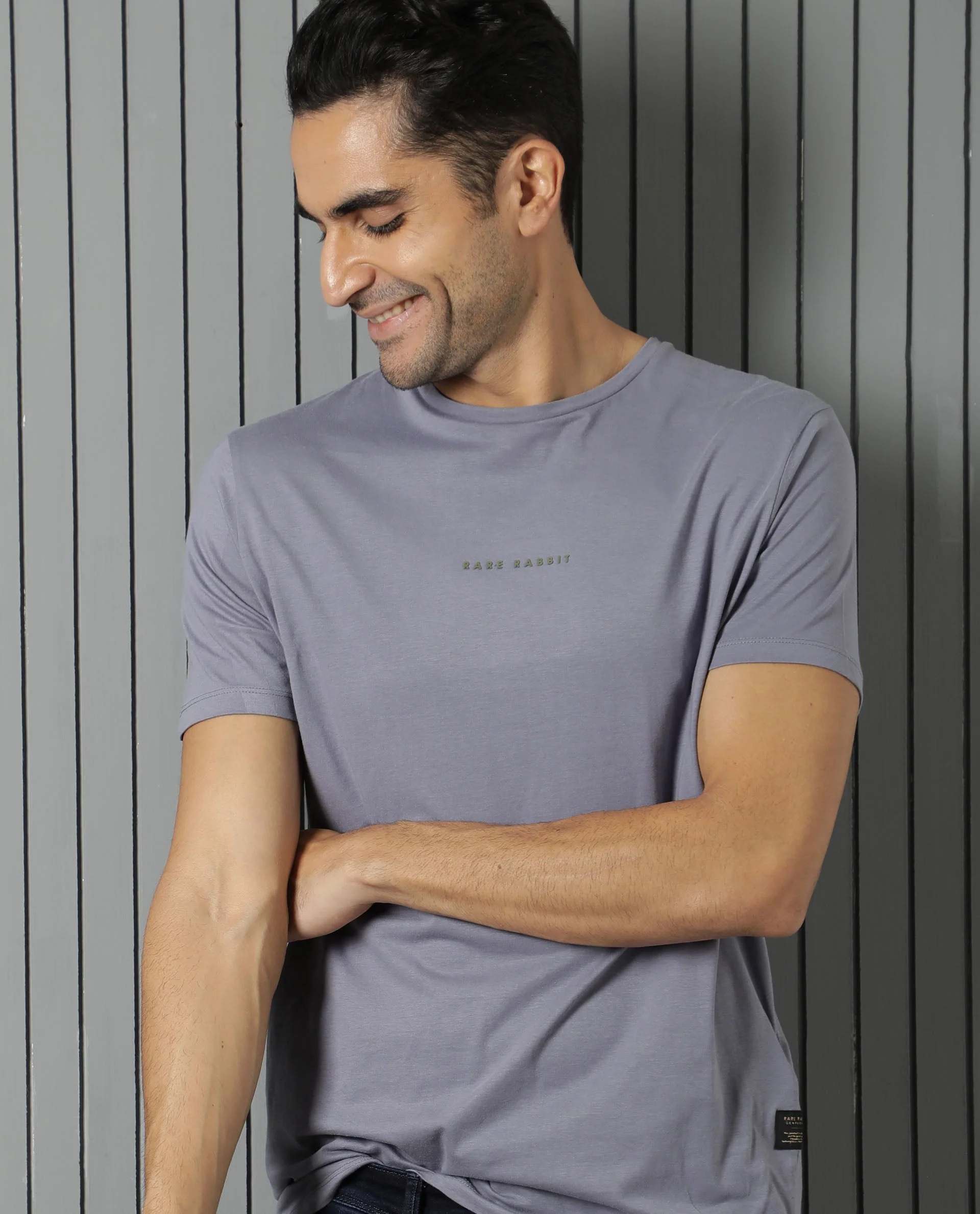 Rare Rabbit Men's Rabbit-4 Grey Cotton Plain Slim Fit Half Sleeve Crew Neck T-Shirt