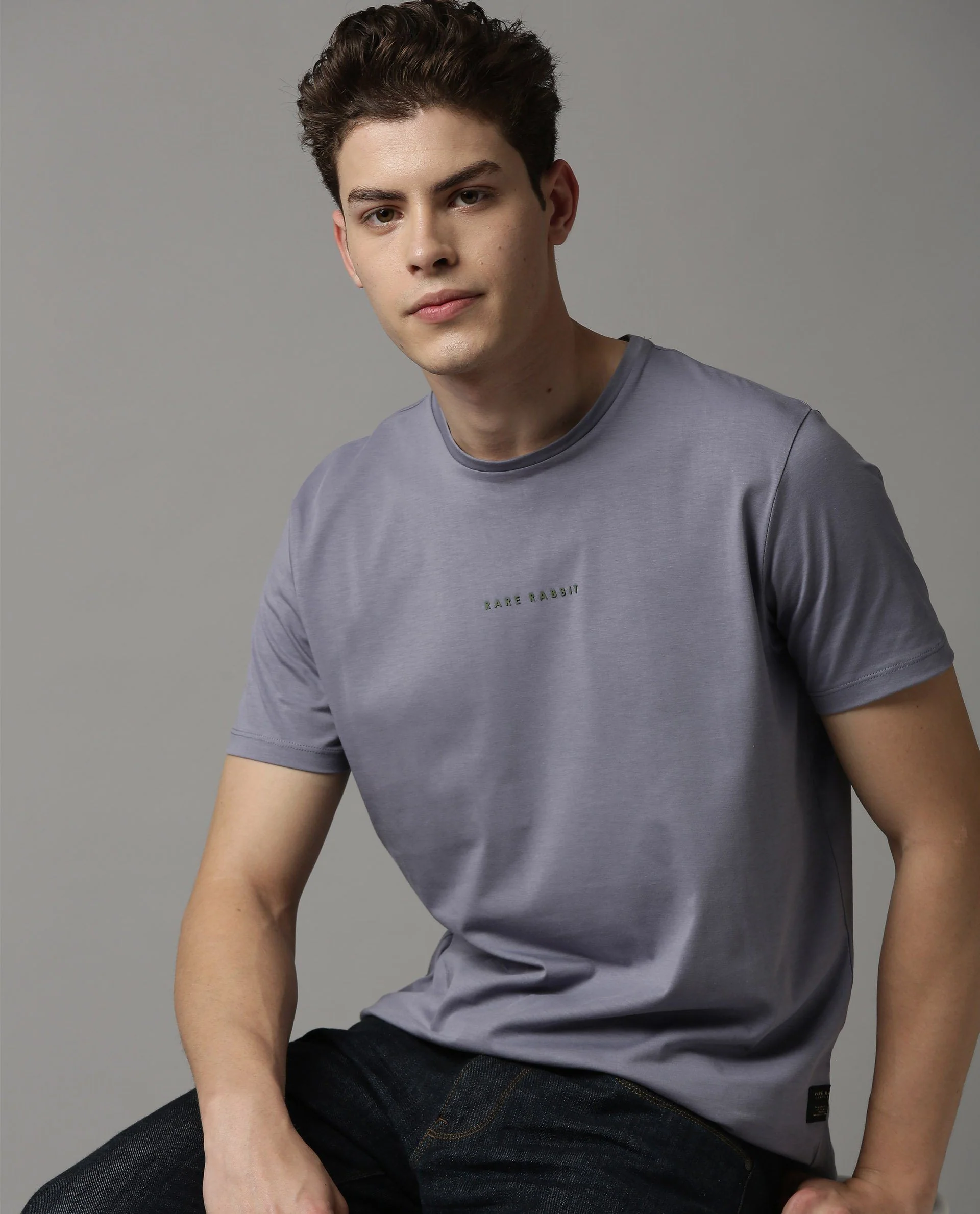 Rare Rabbit Men's Rabbit-4 Grey Cotton Plain Slim Fit Half Sleeve Crew Neck T-Shirt - Image 2