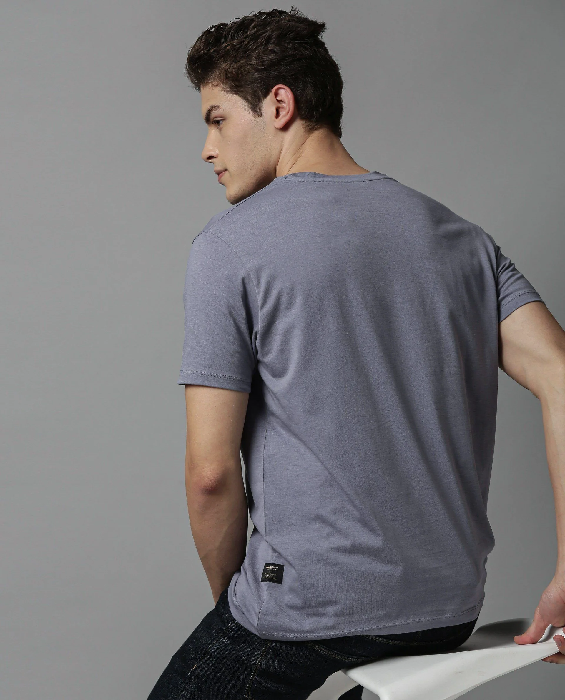 Rare Rabbit Men's Rabbit-4 Grey Cotton Plain Slim Fit Half Sleeve Crew Neck T-Shirt - Image 3
