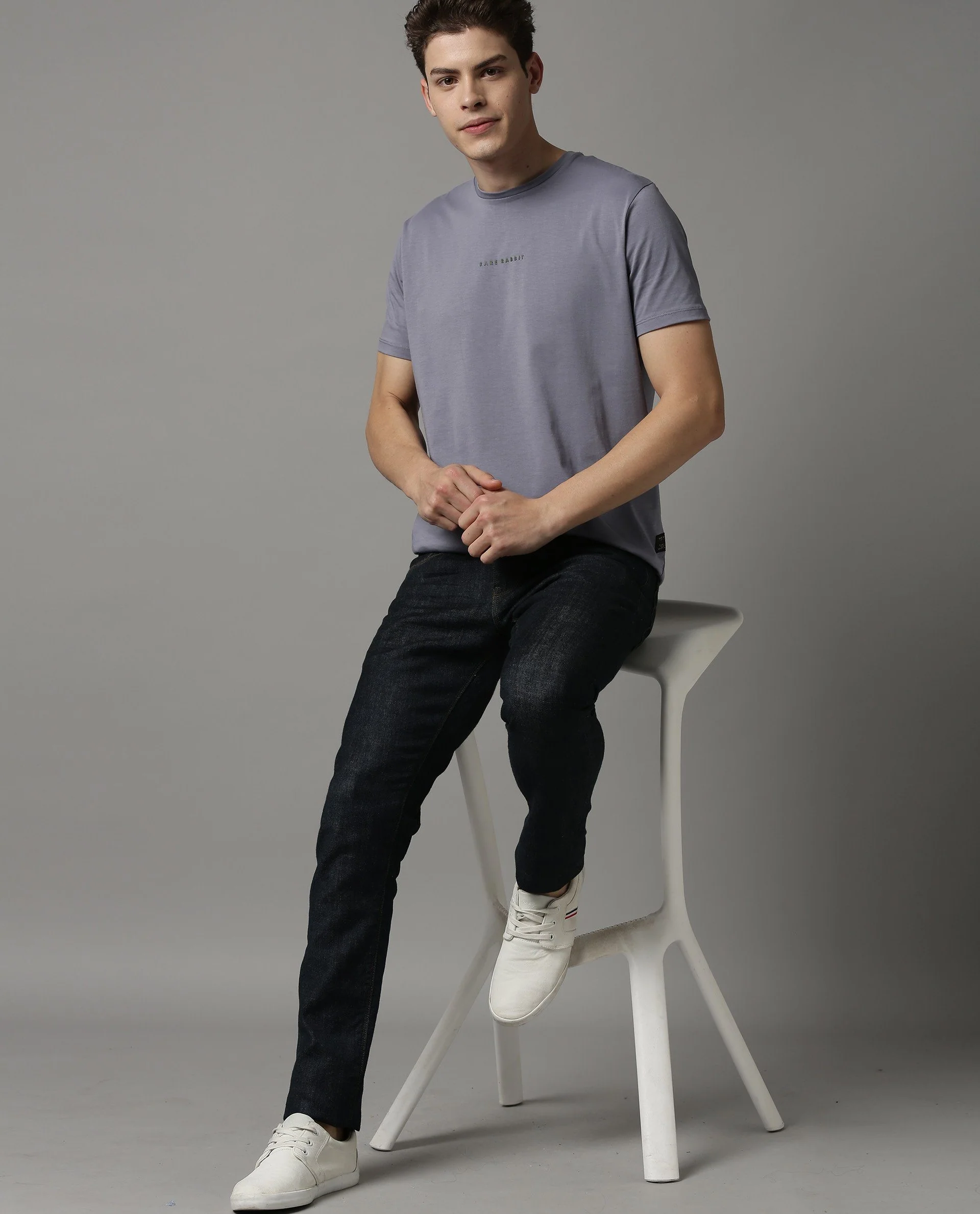 Rare Rabbit Men's Rabbit-4 Grey Cotton Plain Slim Fit Half Sleeve Crew Neck T-Shirt - Image 4