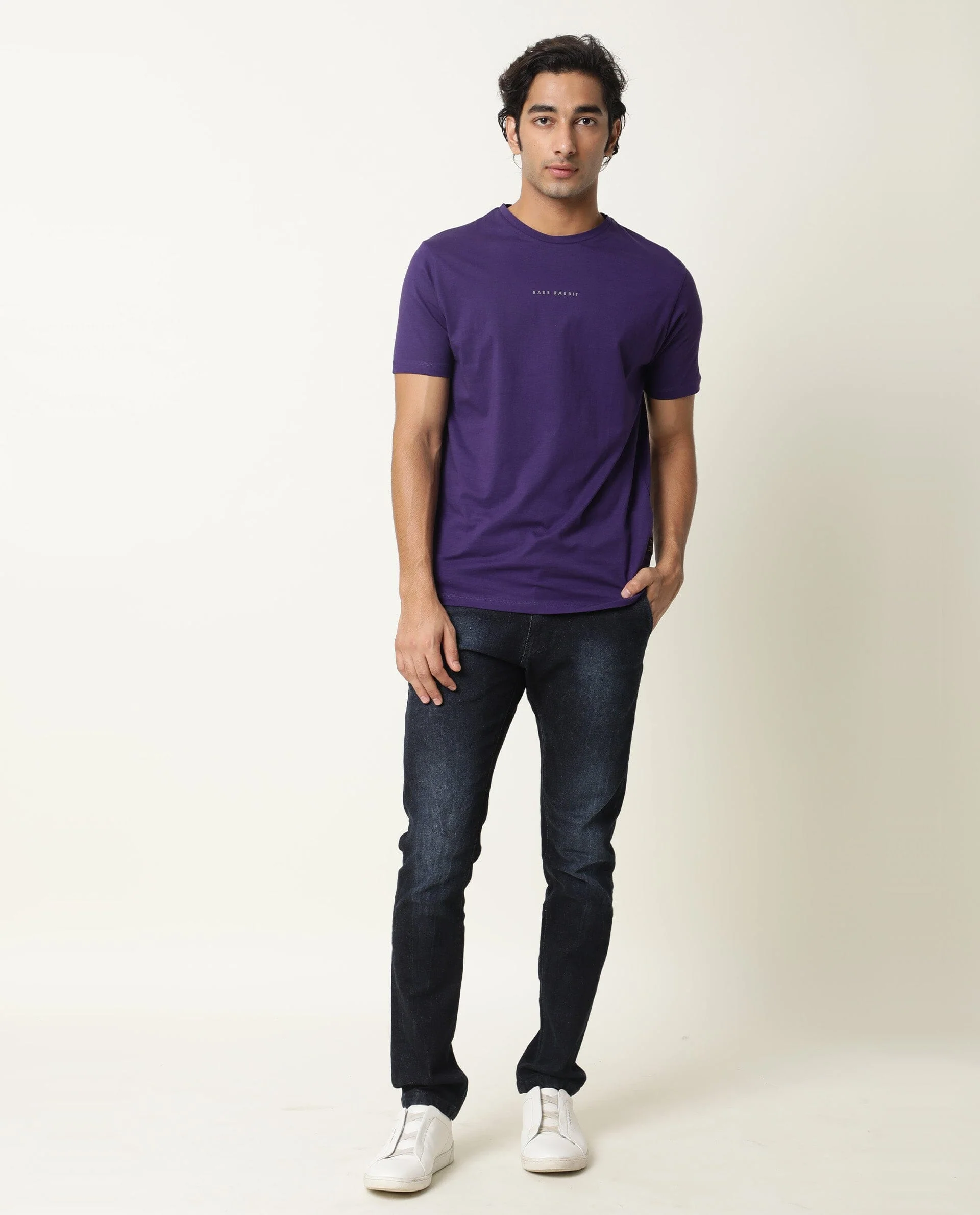 Rare Rabbit Men's Rabbit-4 Purple Cotton Plain Slim Fit Half Sleeve Crew Neck T-Shirt - Image 2