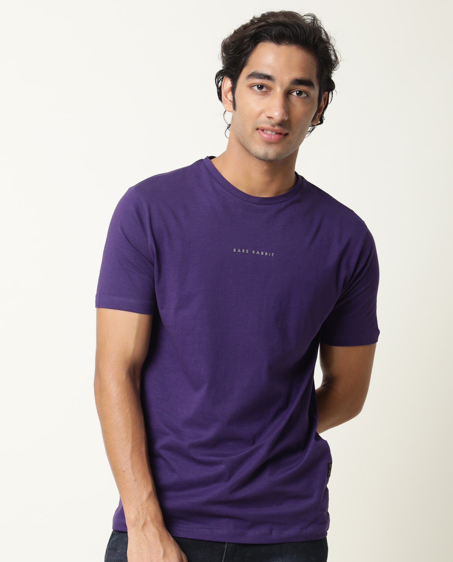 Rare Rabbit Men's Rabbit-4 Purple Cotton Plain Slim Fit Half Sleeve Crew Neck T-Shirt - Image 3