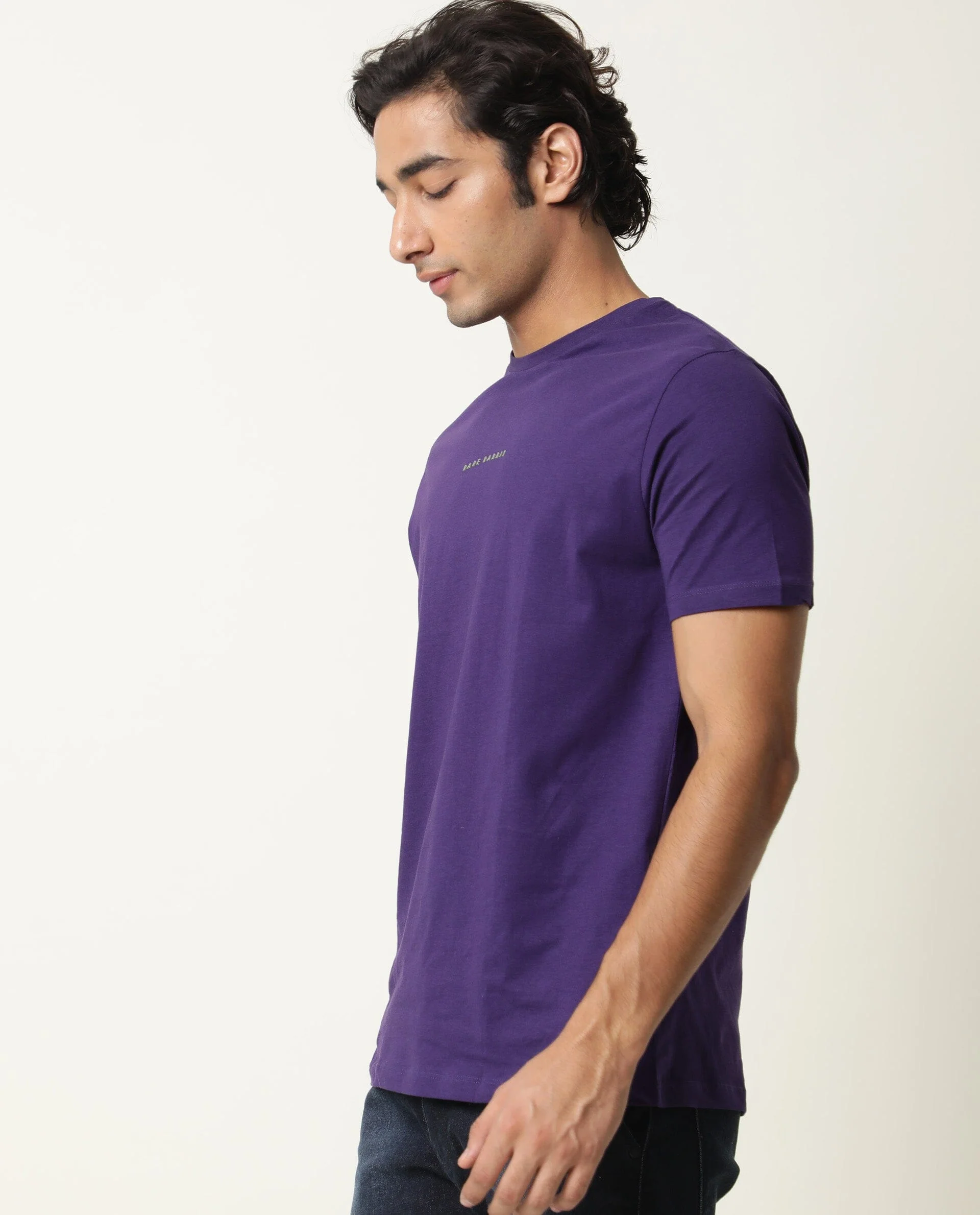 Rare Rabbit Men's Rabbit-4 Purple Cotton Plain Slim Fit Half Sleeve Crew Neck T-Shirt - Image 4