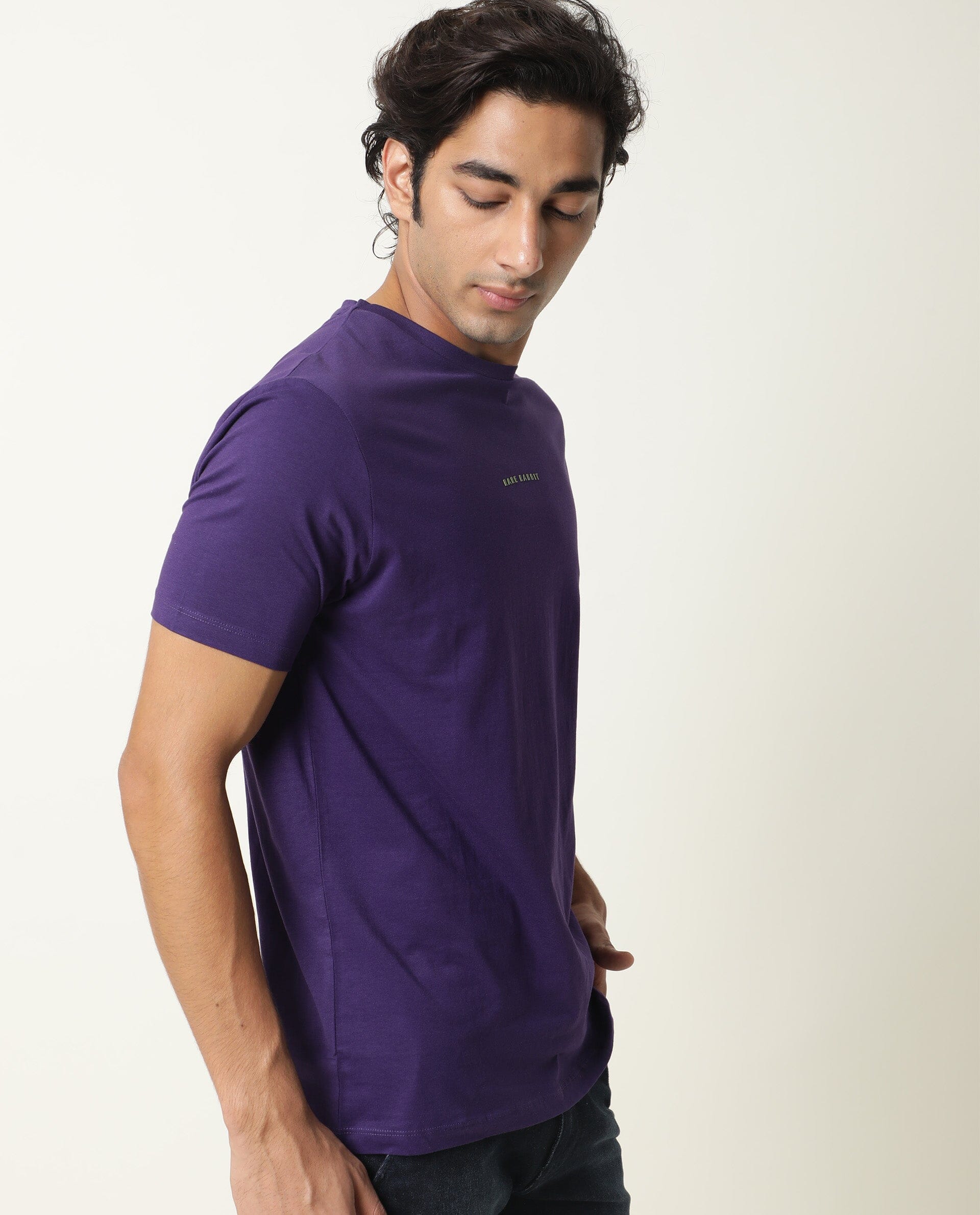 Rare Rabbit Men's Rabbit-4 Purple Cotton Plain Slim Fit Half Sleeve Crew Neck T-Shirt - Image 6