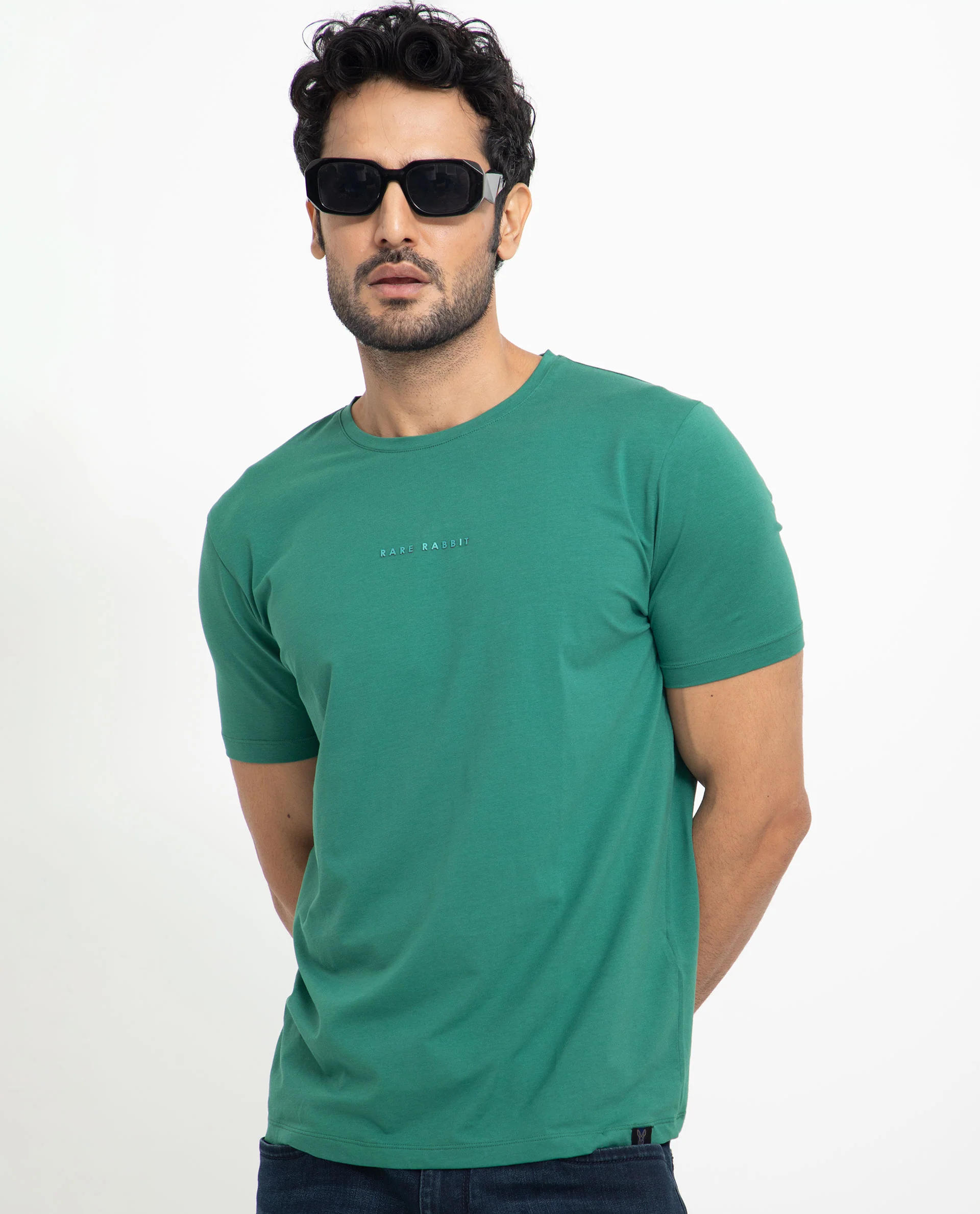Rare Rabbit Men's Rabbit-5 Green Cotton Plain Regular Fit Half Sleeve Crew Neck T-Shirt - Image 2