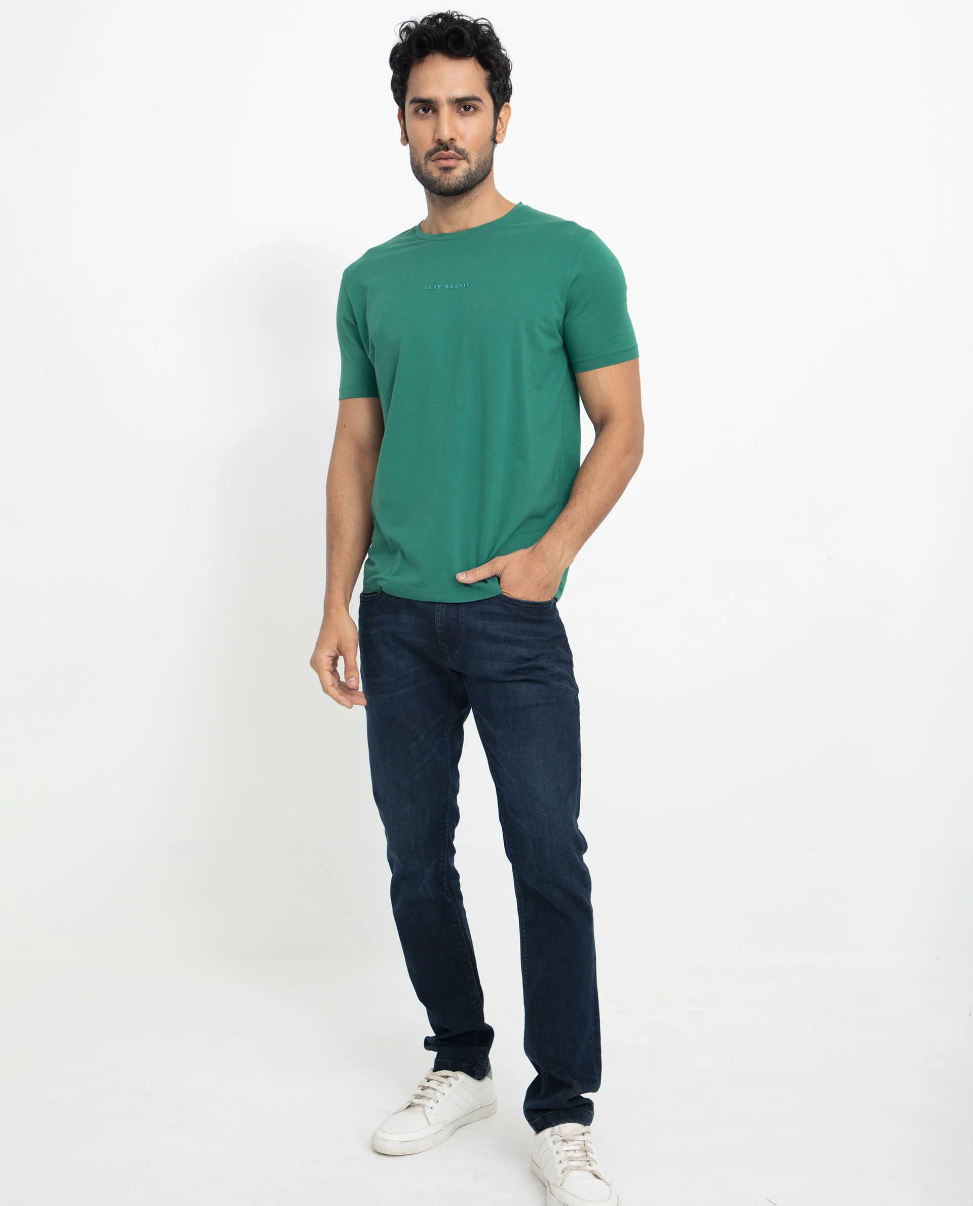 Rare Rabbit Men's Rabbit-5 Green Cotton Plain Regular Fit Half Sleeve Crew Neck T-Shirt - Image 4