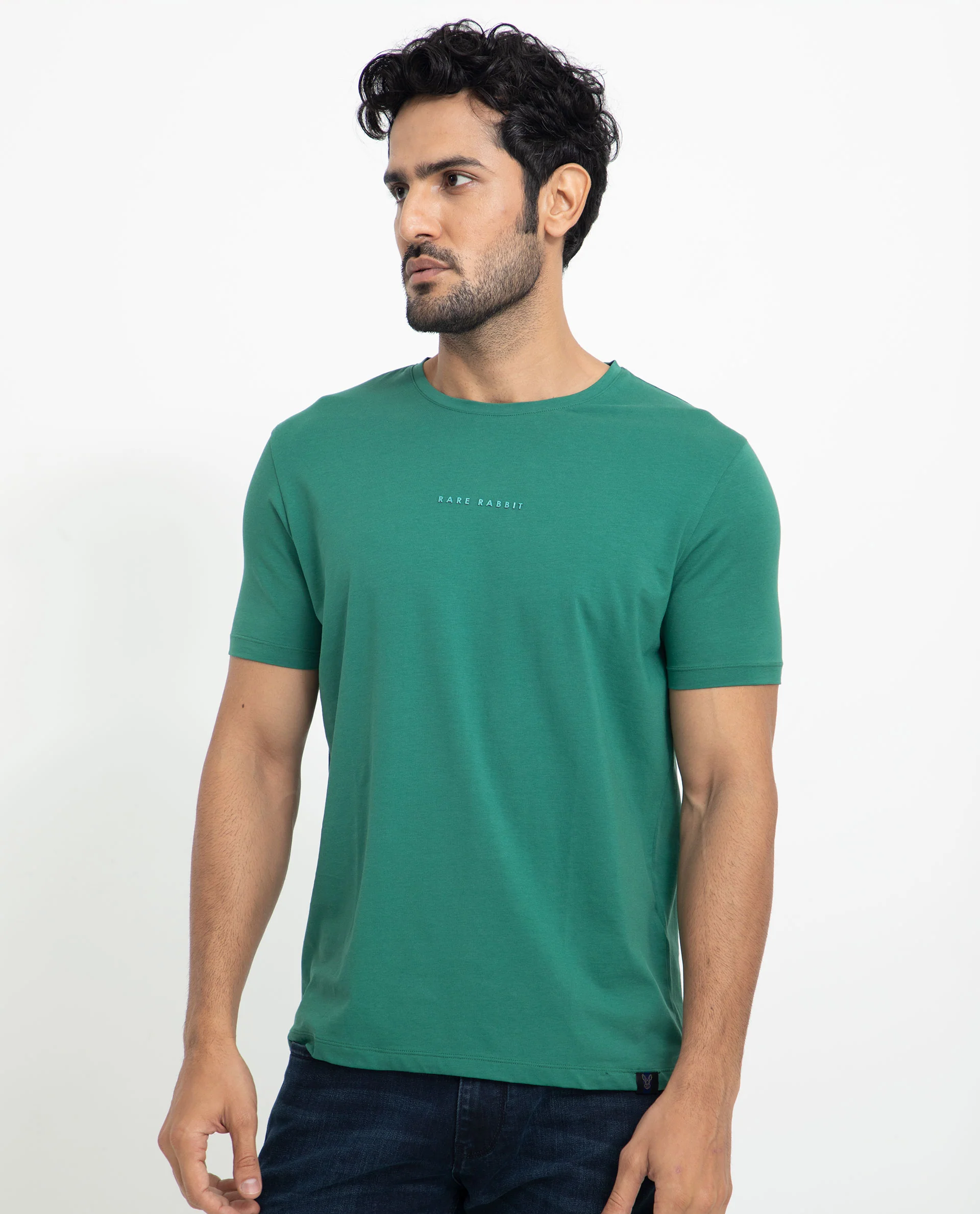 Rare Rabbit Men's Rabbit-5 Green Cotton Plain Regular Fit Half Sleeve Crew Neck T-Shirt - Image 5