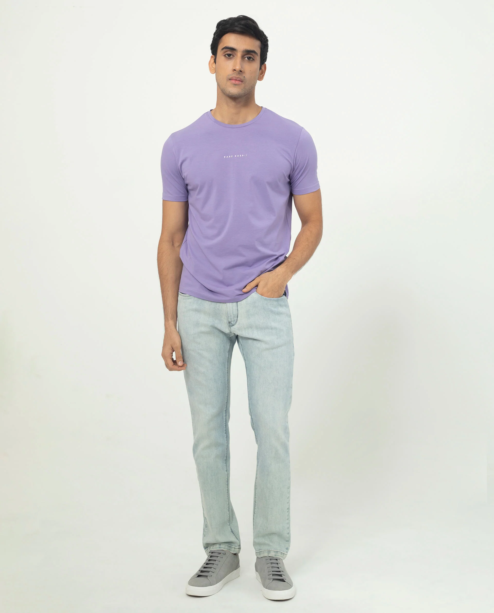 Rare Rabbit Men's Rabbit-5 Purple Cotton Plain Regular Fit Half Sleeve Crew Neck T-Shirt - Image 3