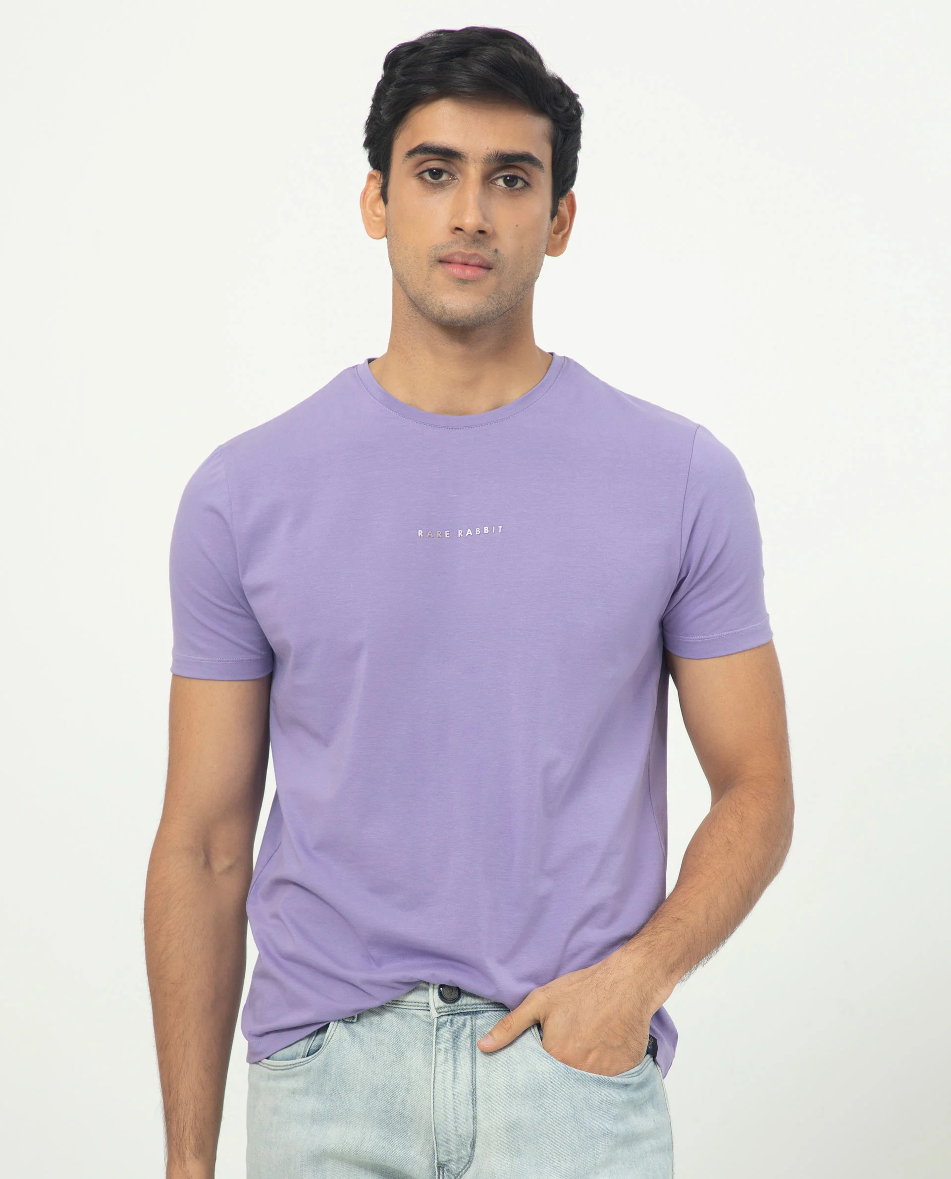 Rare Rabbit Men's Rabbit-5 Purple Cotton Plain Regular Fit Half Sleeve Crew Neck T-Shirt - Image 4