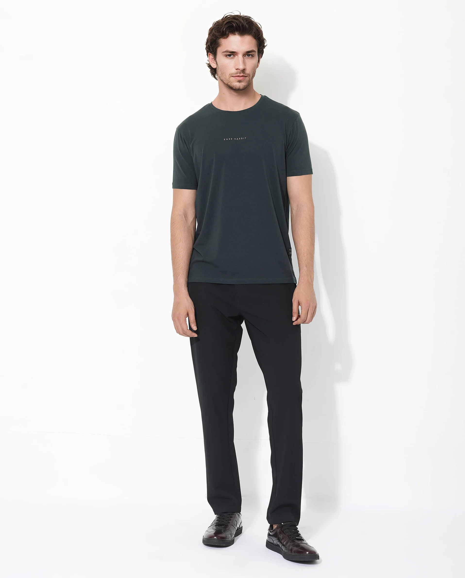 Rare Rabbit Men's Rabbit-Inf Dark Green Cotton Blend Plain Regular Fit Half Sleeve Crew Neck T-Shirt - Image 2