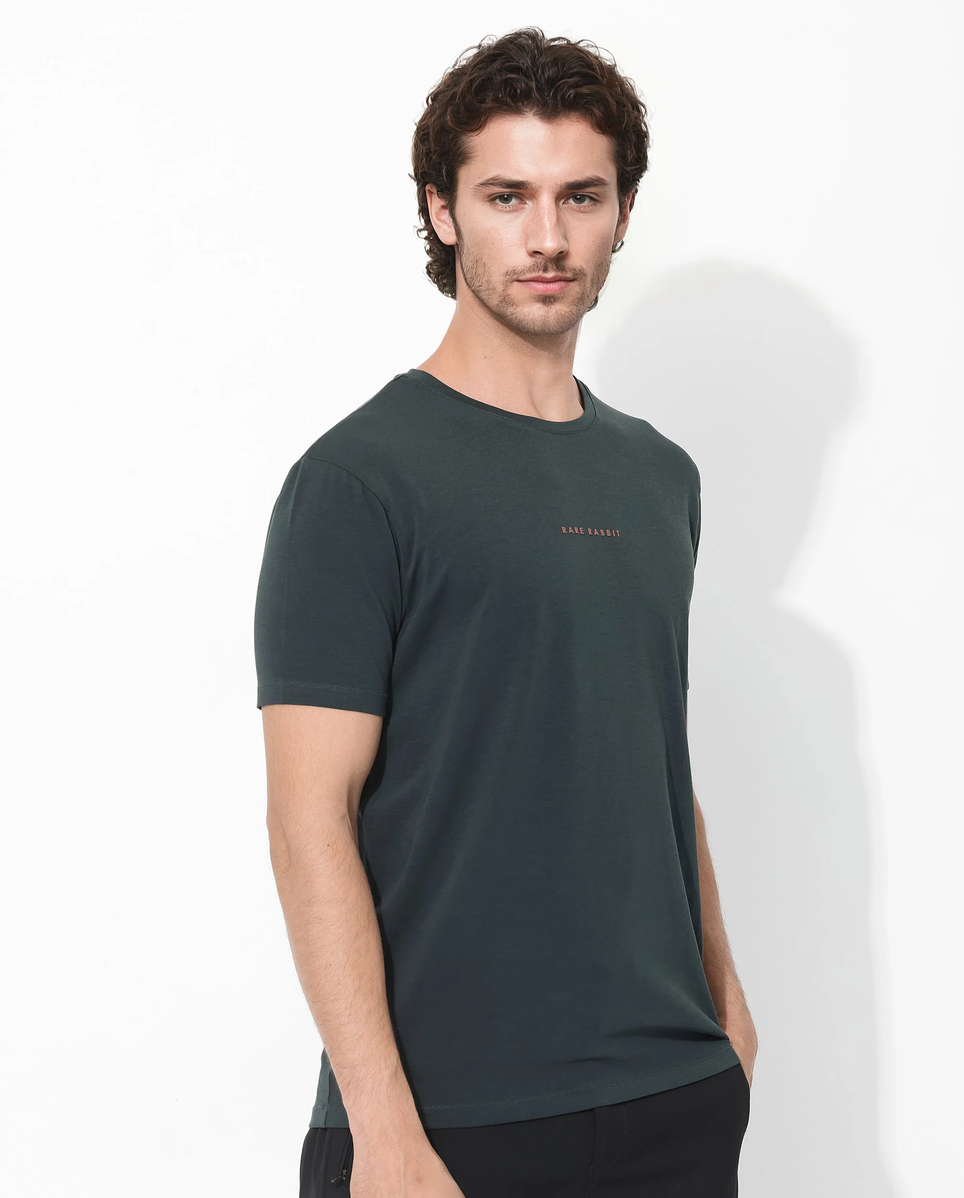 Rare Rabbit Men's Rabbit-Inf Dark Green Cotton Blend Plain Regular Fit Half Sleeve Crew Neck T-Shirt - Image 3