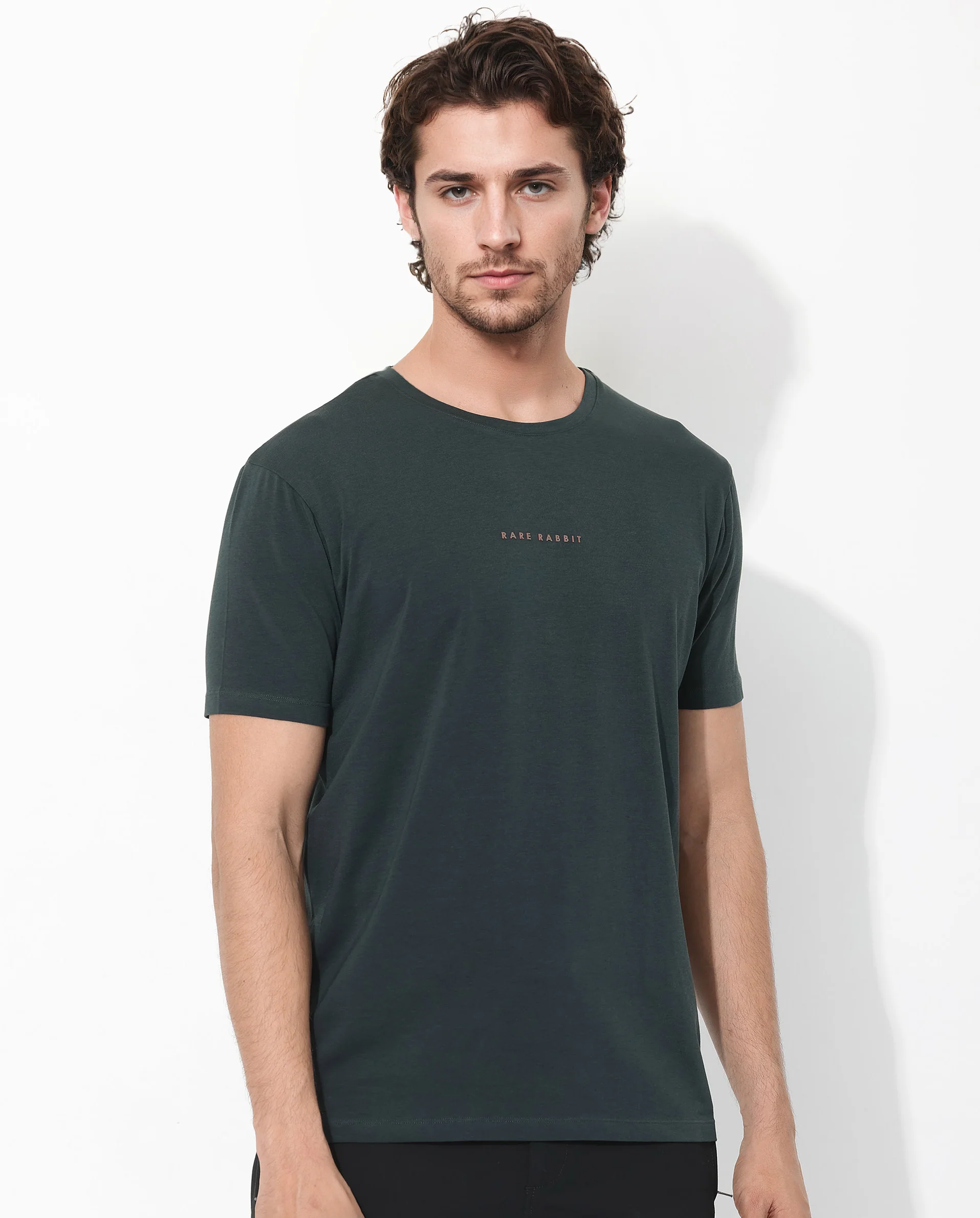 Rare Rabbit Men's Rabbit-Inf Dark Green Cotton Blend Plain Regular Fit Half Sleeve Crew Neck T-Shirt - Image 4